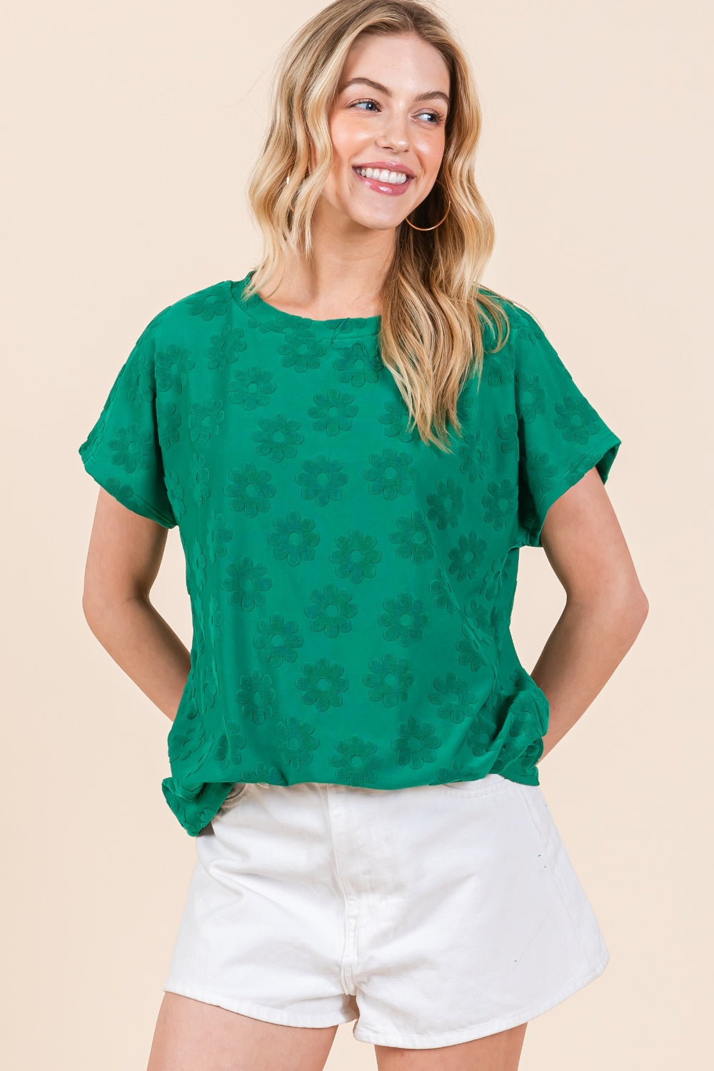 BOMBOM Textured Floral Pattern Short Sleeve T-Shirt-TOPS / DRESSES-[Adult]-[Female]-Green-S-2022 Online Blue Zone Planet