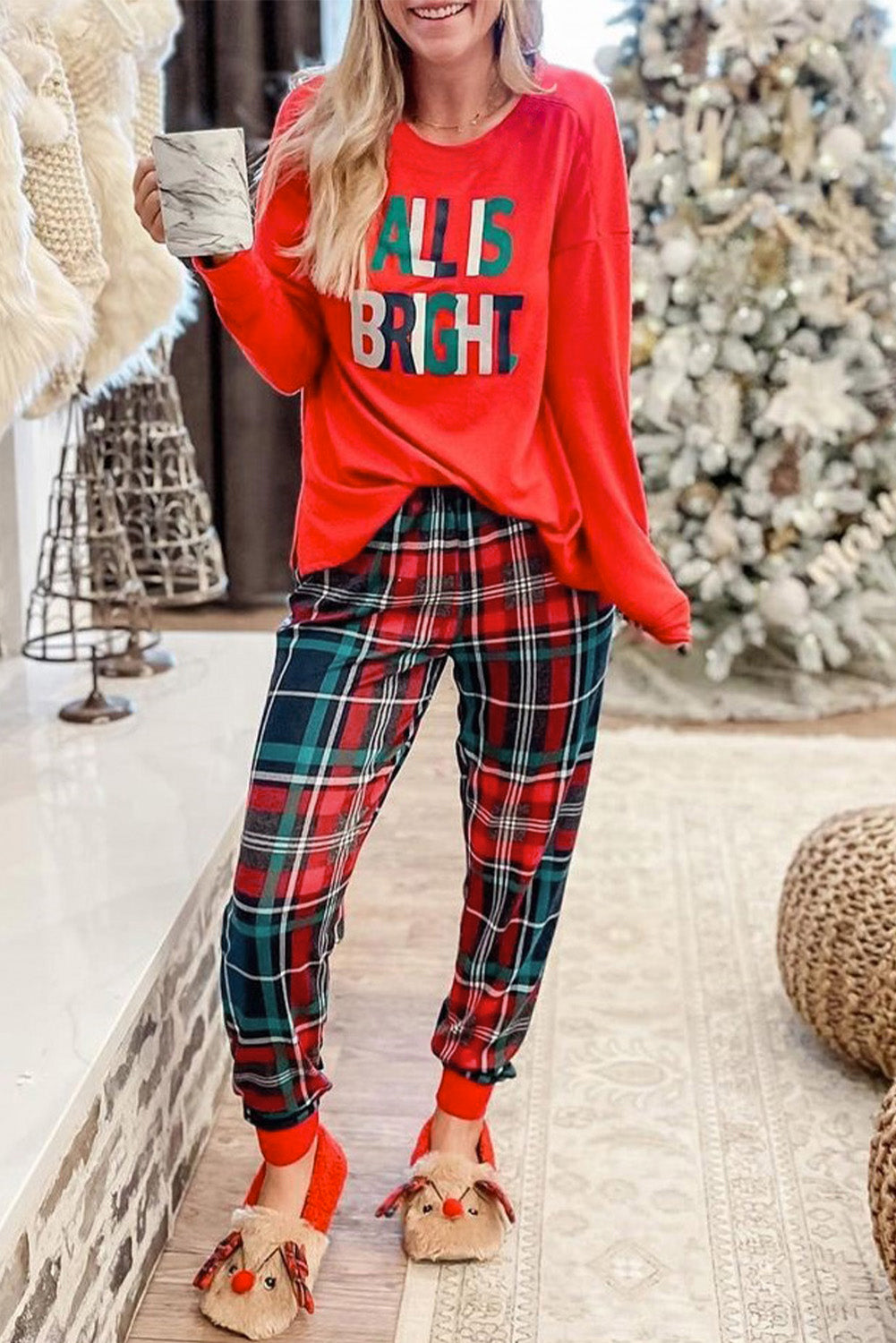 Multicolor ALL IS BRIGHT Graphic Christmas Plaid Pajamas Set-Loungewear & Sleepwear/Loungewear-[Adult]-[Female]-Multicolor-S-2022 Online Blue Zone Planet