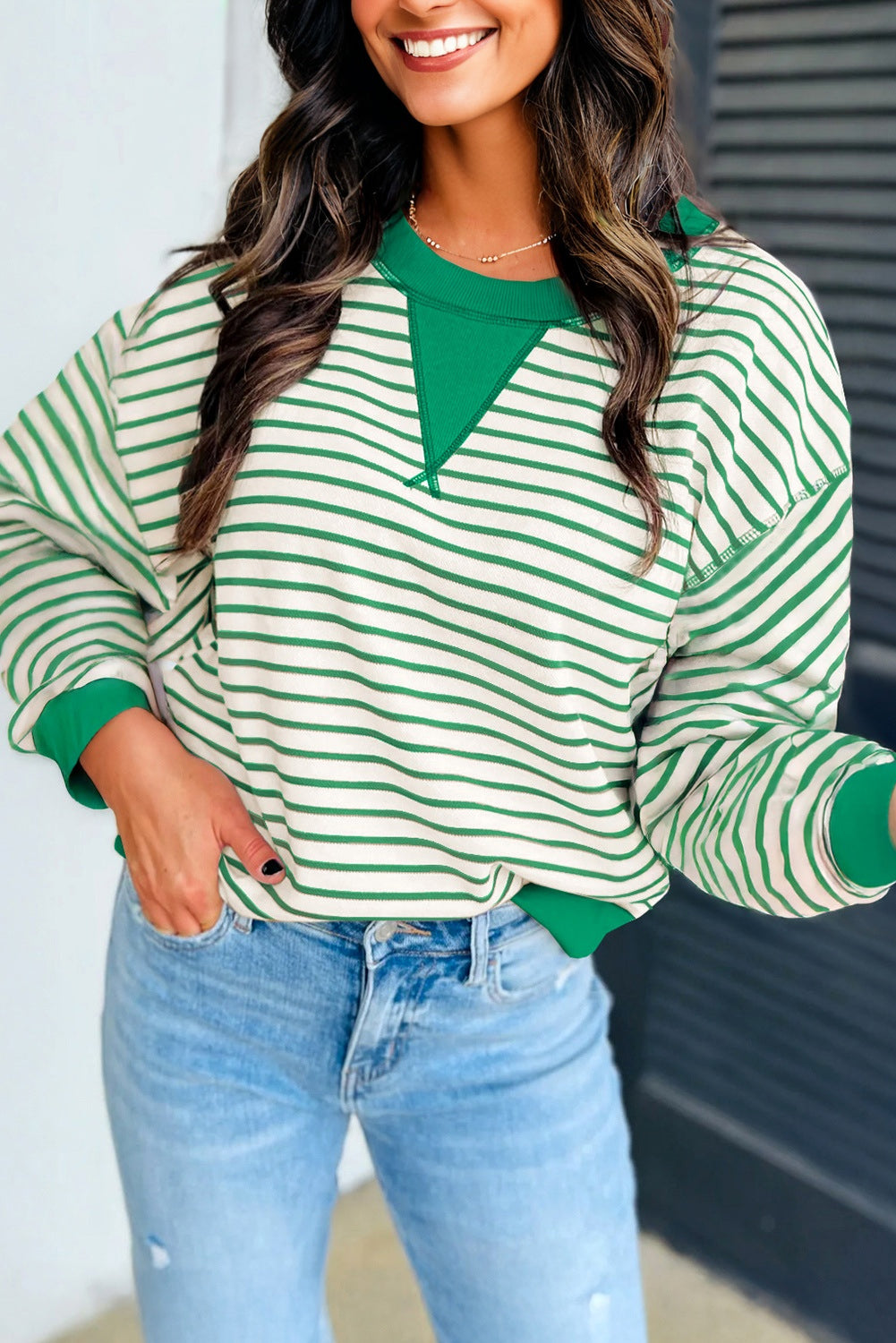 Bright Green Striped Exposed Seam Patchwork Loose Pullover Top-Tops/Long Sleeve Tops-[Adult]-[Female]-2022 Online Blue Zone Planet
