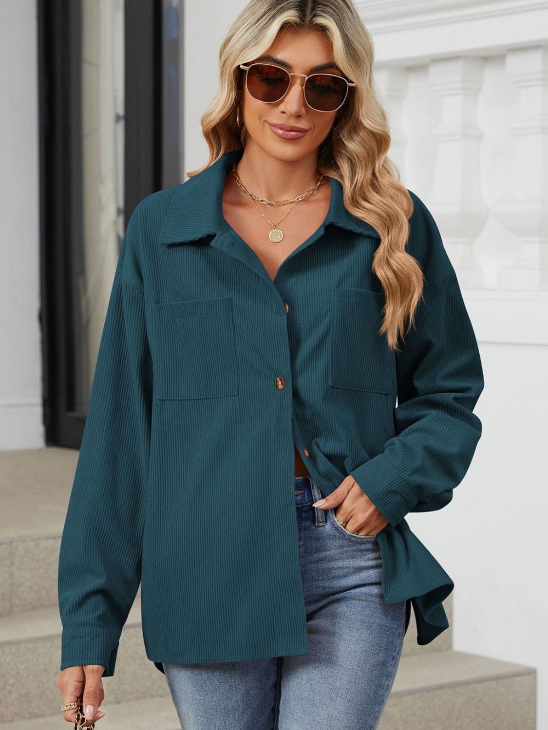 Button Up Dropped Shoulder Long Sleeve Outerwear-TOPS / DRESSES-[Adult]-[Female]-2022 Online Blue Zone Planet