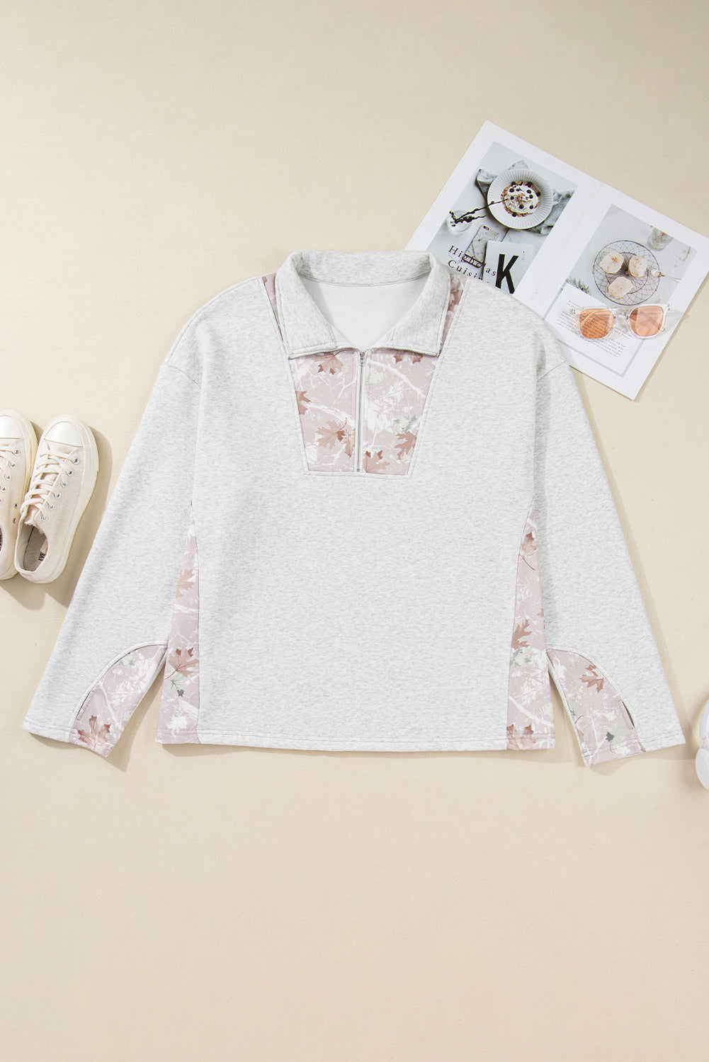 Gray Camo Leaves Patchwork Zipped Collar Pullover Plus Size Sweatshirt-Plus Size/Plus Size Sweatshirts & Hoodies-[Adult]-[Female]-2022 Online Blue Zone Planet