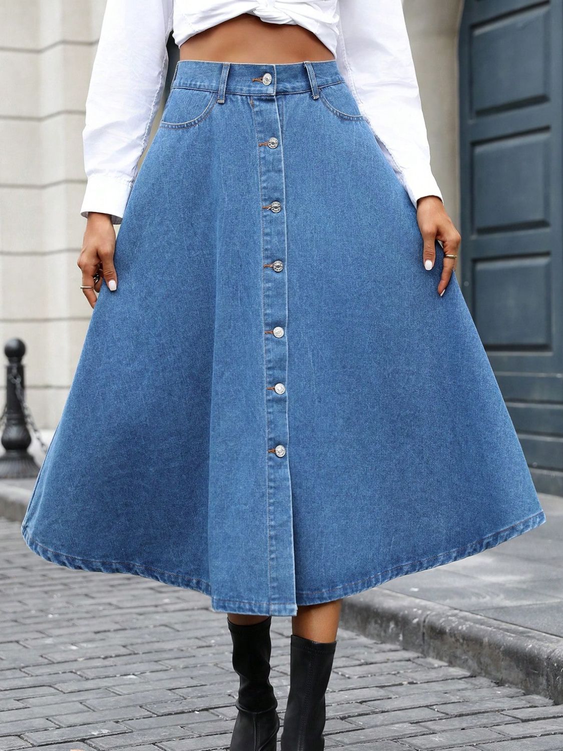 Buttoned Midi Denim Skirt with Pockets-BOTTOMS SIZES SMALL MEDIUM LARGE-[Adult]-[Female]-Light-XS-2022 Online Blue Zone Planet