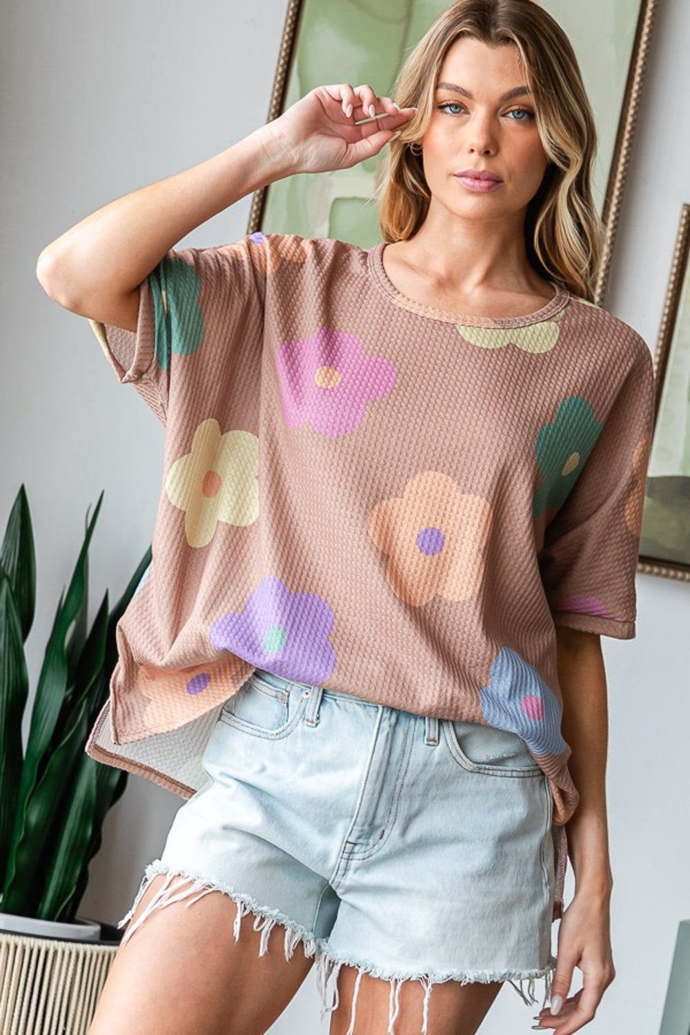 HOPELY Full Size Floral Round Neck Side Slit Waffle T-Shirt-TOPS / DRESSES-[Adult]-[Female]-Mocha-S-2022 Online Blue Zone Planet