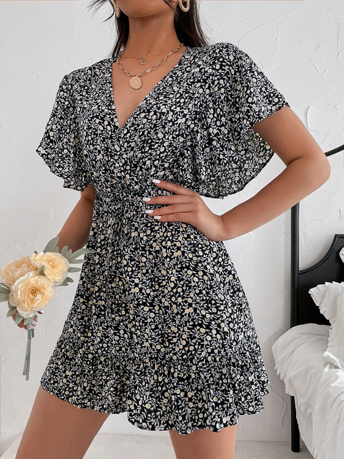 Cutout Ditsy Floral Surplice Flounce Sleeve Dress-TOPS / DRESSES-[Adult]-[Female]-2022 Online Blue Zone Planet