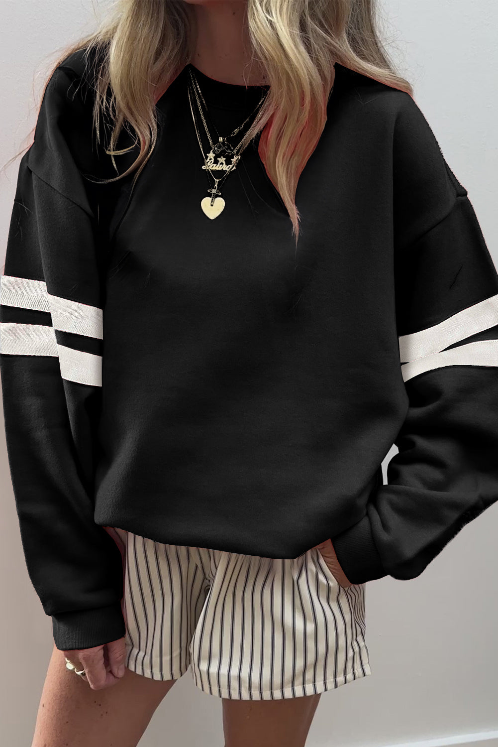 Black Varsity Striped Detail Drop Shoulder Oversized Sweatshirt-Tops/Sweatshirts & Hoodies-[Adult]-[Female]-Black-S-2022 Online Blue Zone Planet