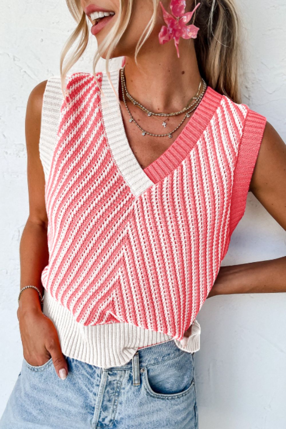 Striped Contrast V-Neck Sweater Vest-TOPS / DRESSES-[Adult]-[Female]-Coral-S-2022 Online Blue Zone Planet