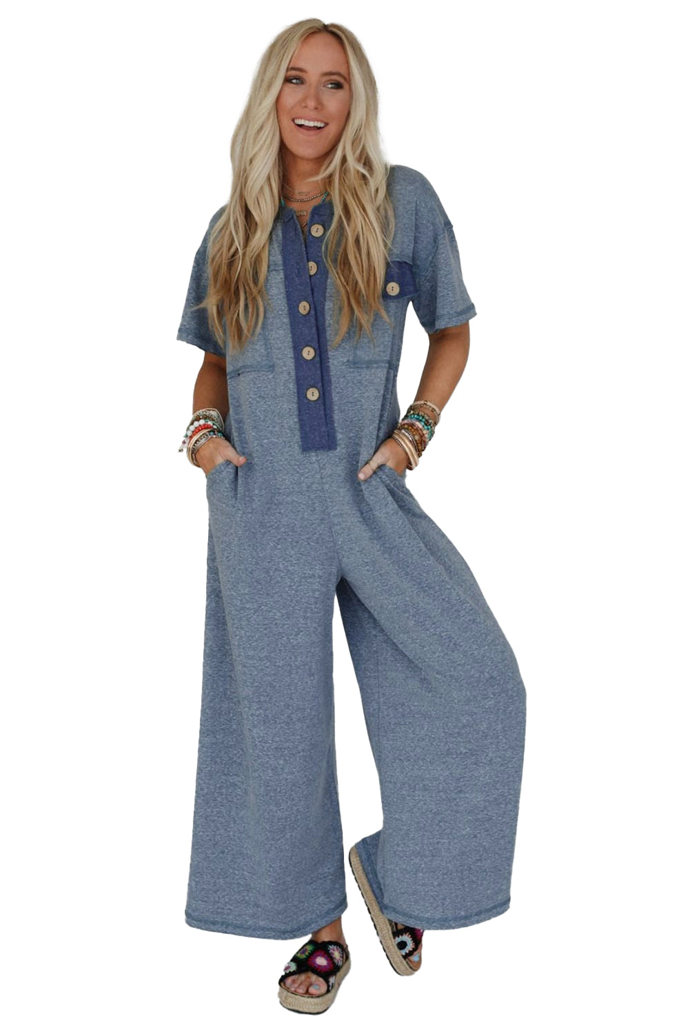 Beau Blue Half Placket Chest Pockets Short Sleeve Wide Leg Jumpsuit-Bottoms/Jumpsuits & Rompers-[Adult]-[Female]-2022 Online Blue Zone Planet