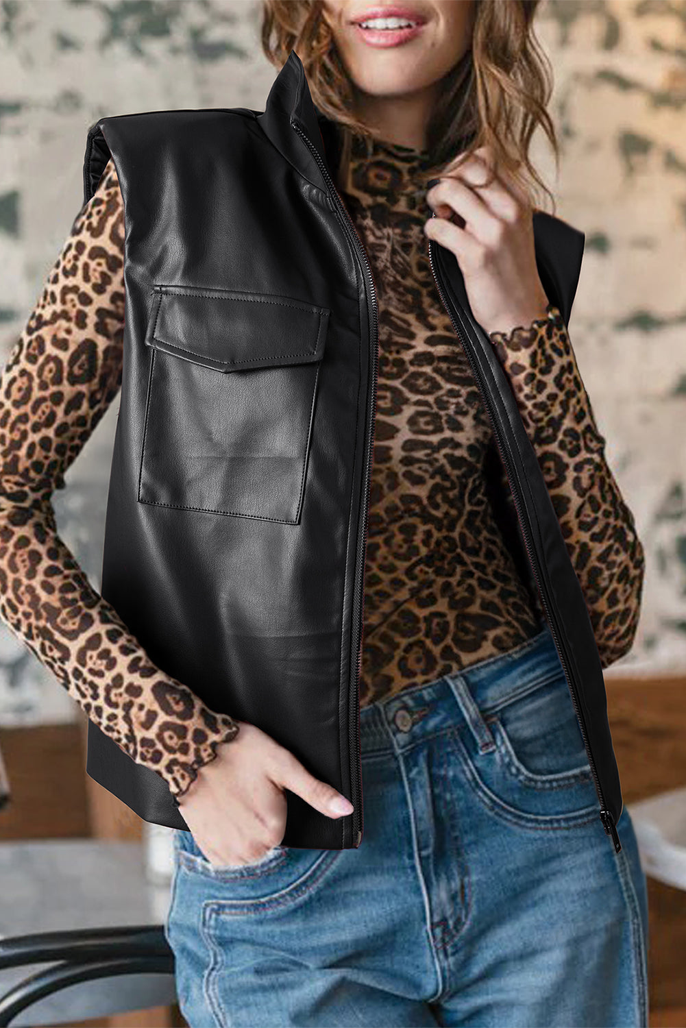 Black Double Flap Pocket Faux Leather Zip Up Stand Neck Vest-Outerwear/Vests-[Adult]-[Female]-Black-S-2022 Online Blue Zone Planet