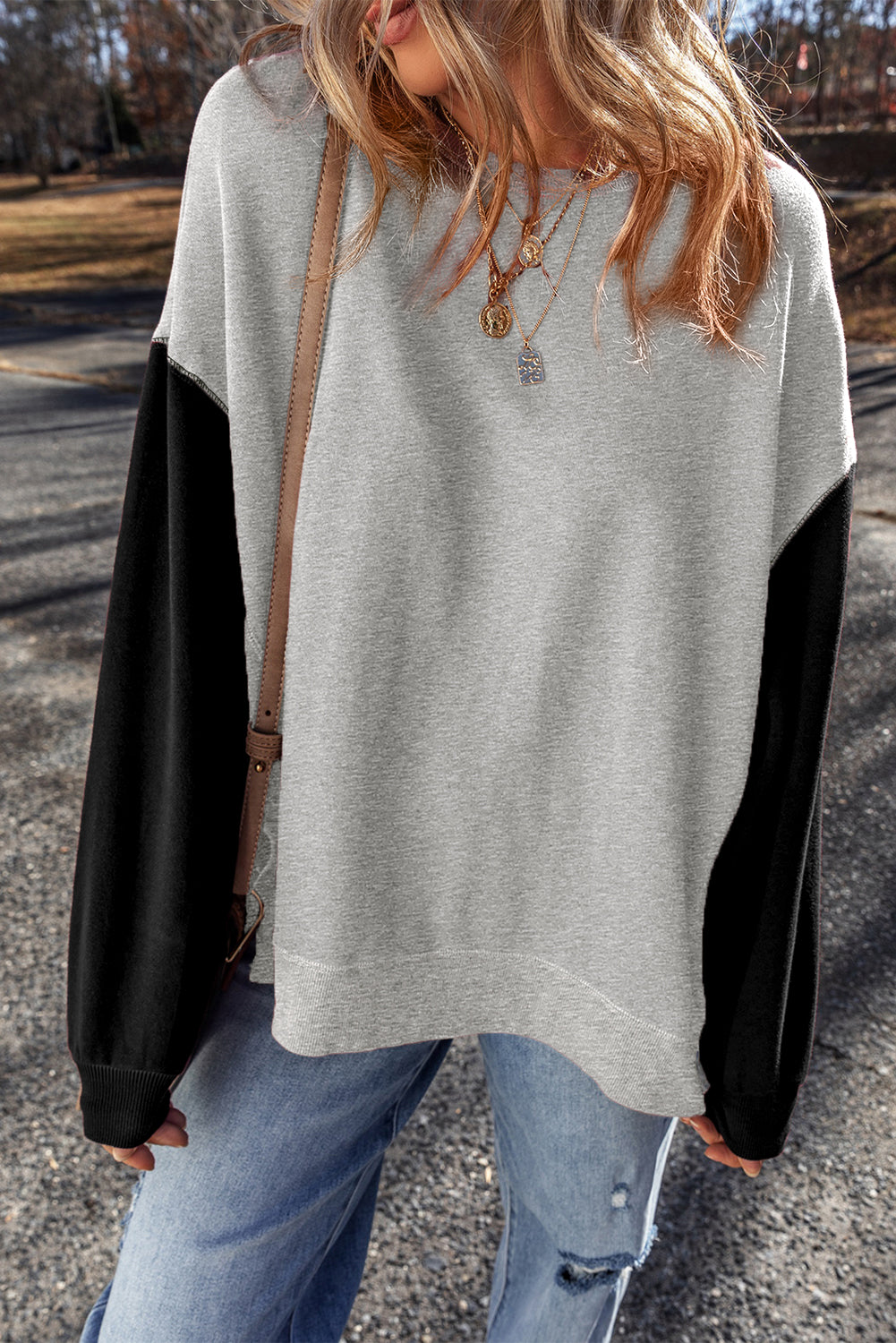 Gray Two Tone Patchwork Drop Shoulder Pullover Sweatshirt-Tops/Sweatshirts & Hoodies-[Adult]-[Female]-Gray-S-2022 Online Blue Zone Planet