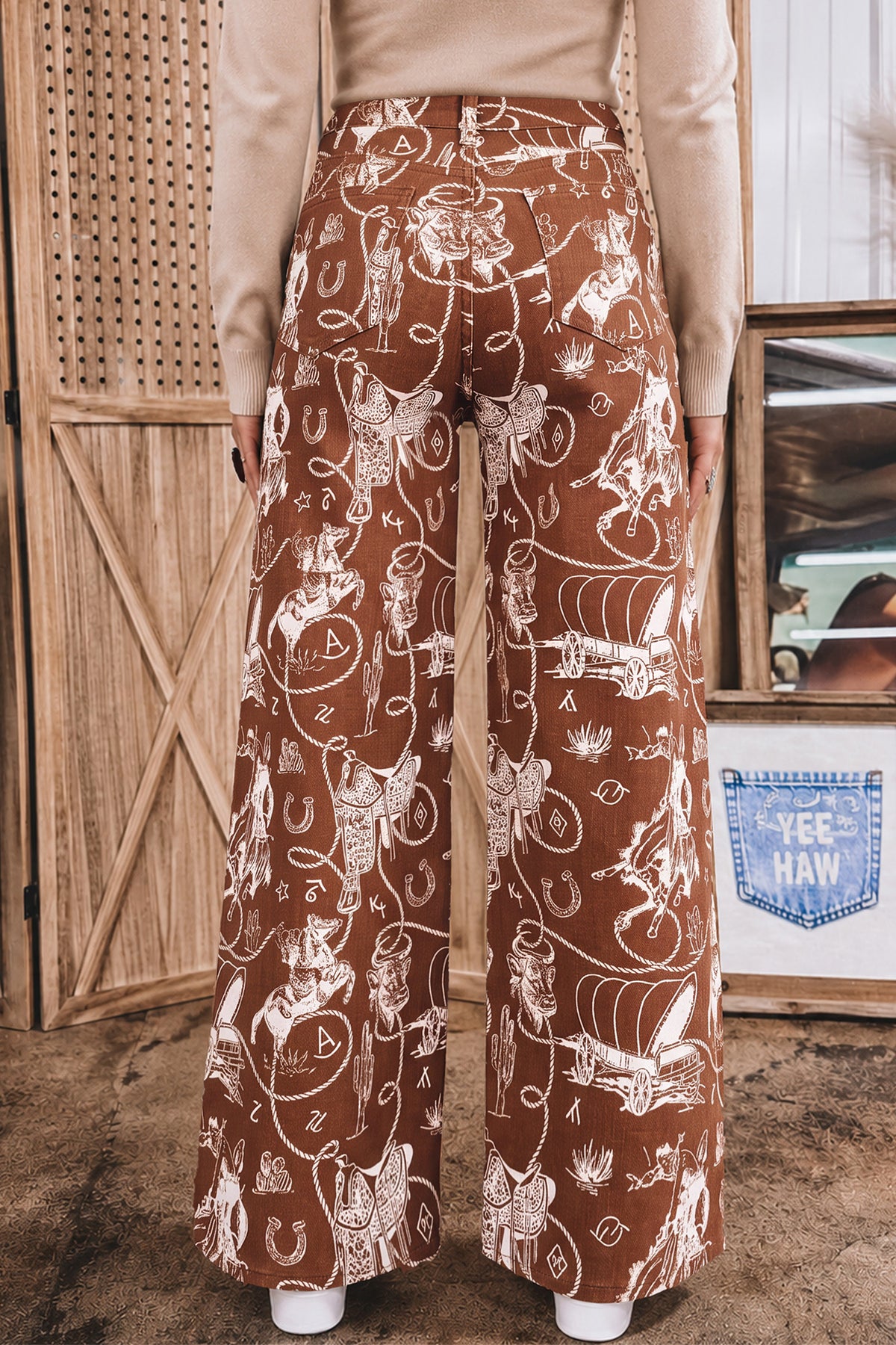 Brown Western Print Casual Shift Jeans-Bottoms/Jeans-[Adult]-[Female]-2022 Online Blue Zone Planet