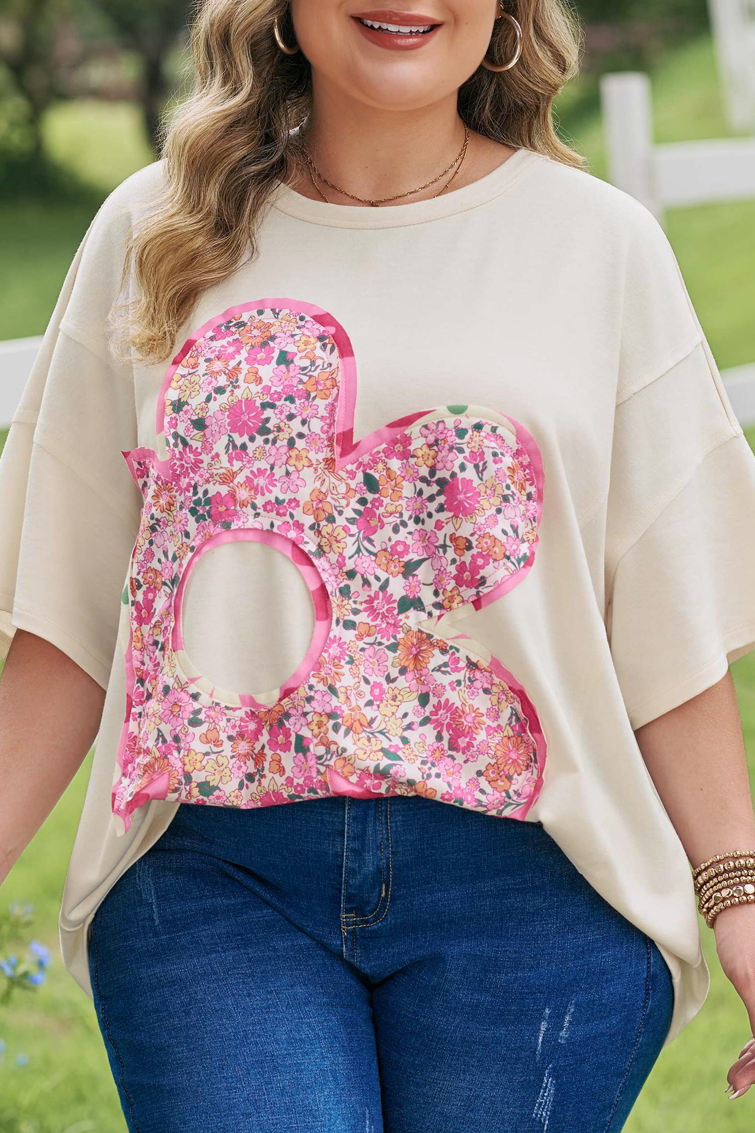 Jet Stream Big Flower Patched Plus Size Tunic T-Shirt-Plus Size/Plus Size Tops/Plus Size Tops & Tees-[Adult]-[Female]-2022 Online Blue Zone Planet