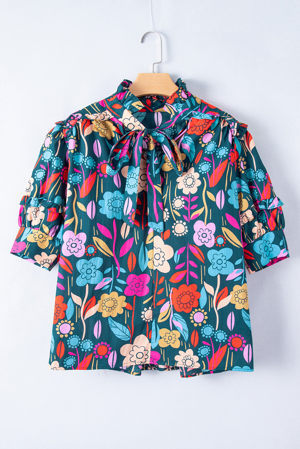 Green Floral Print Puff Sleeve Tied V Neck Blouse-Tops/Blouses & Shirts-[Adult]-[Female]-2022 Online Blue Zone Planet