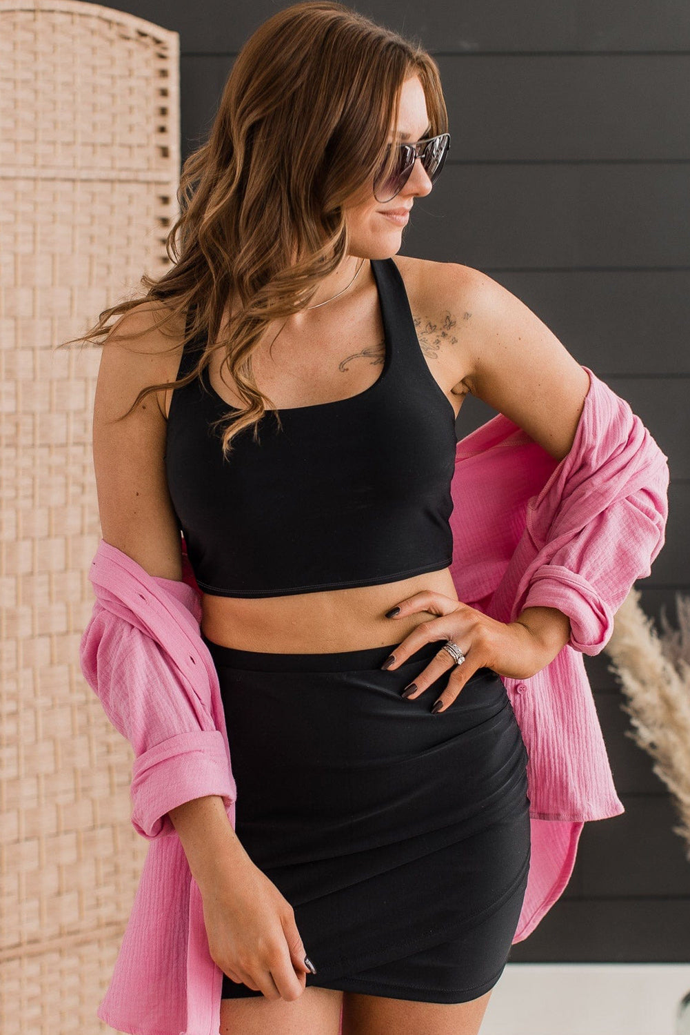 Black Plain Crossover Bikini Tank and Skort Swimwear-Bikini Sets-[Adult]-[Female]-2022 Online Blue Zone Planet