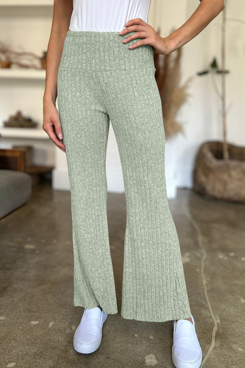 Blue Zone Planet | FAM-FAM Ribbed High Waist Flare Pants-BOTTOMS SIZES SMALL MEDIUM LARGE-[Adult]-[Female]-2022 Online Blue Zone Planet