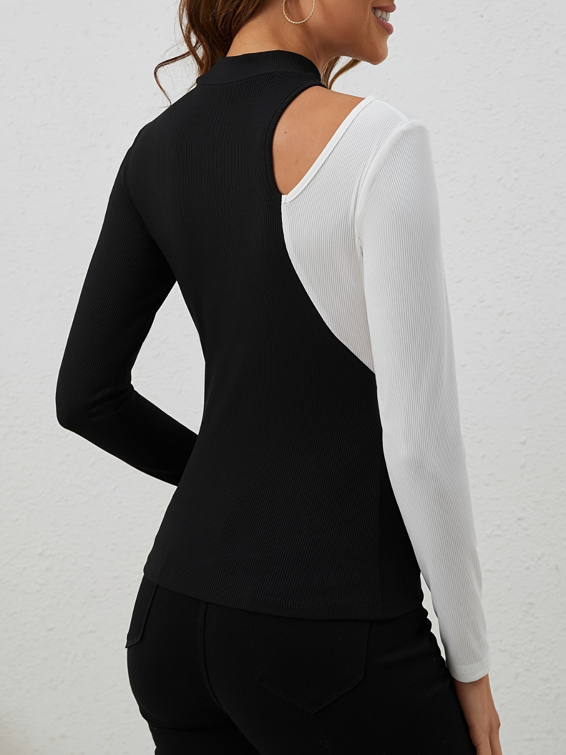 Cutout Contrast Mock Neck Long Sleeve T-Shirt-TOPS / DRESSES-[Adult]-[Female]-2022 Online Blue Zone Planet