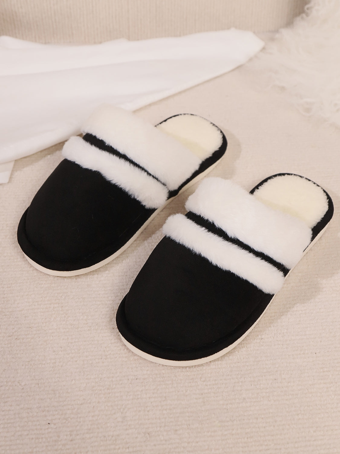 Contrast Faux Fur Round Toe Slippers-SHOES-[Adult]-[Female]-2022 Online Blue Zone Planet