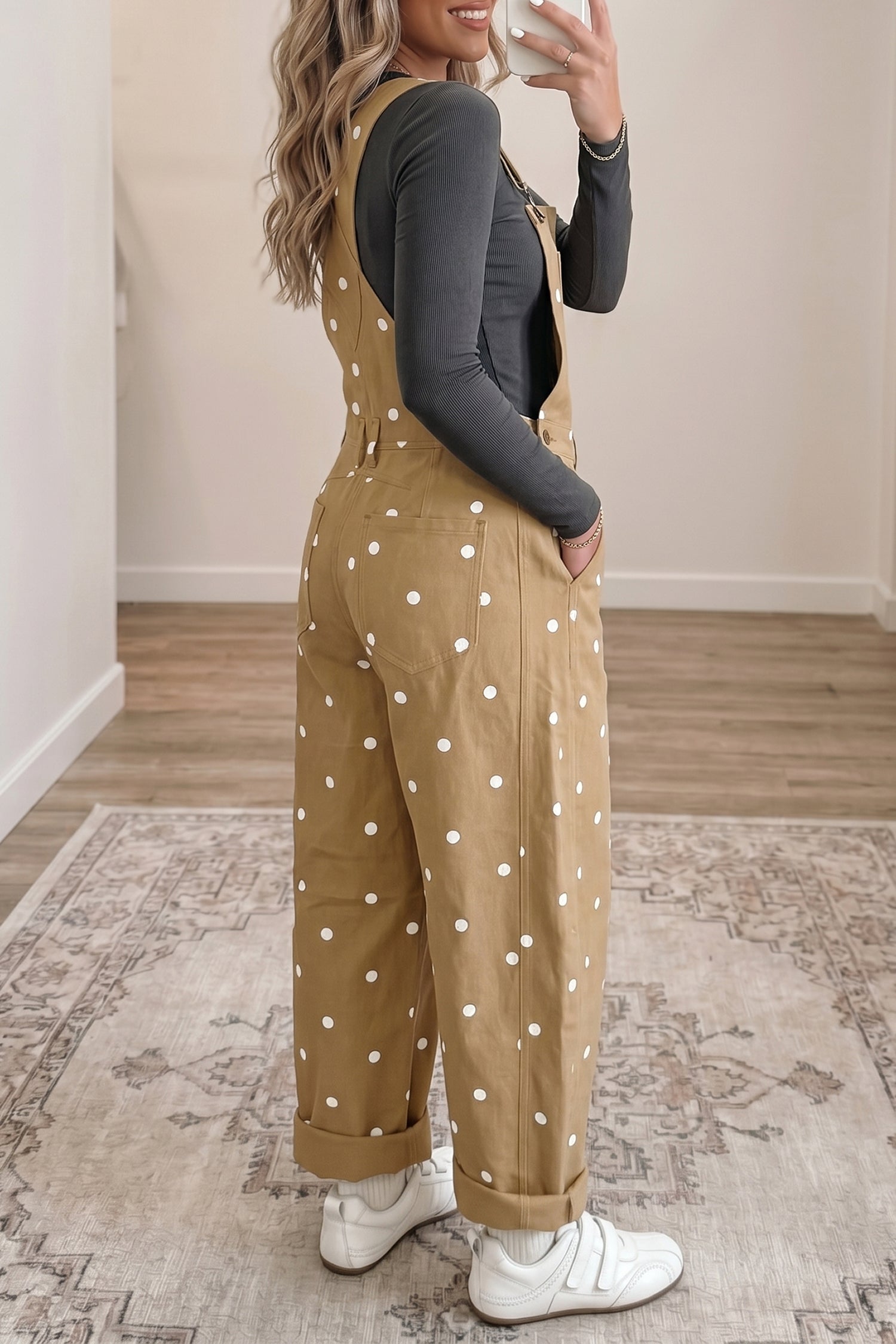 Jet Stream Polka Dot Print Bib Pocket Denim Barrel Overalls Jumpsuit-Bottoms/Jumpsuits & Rompers-[Adult]-[Female]-2022 Online Blue Zone Planet