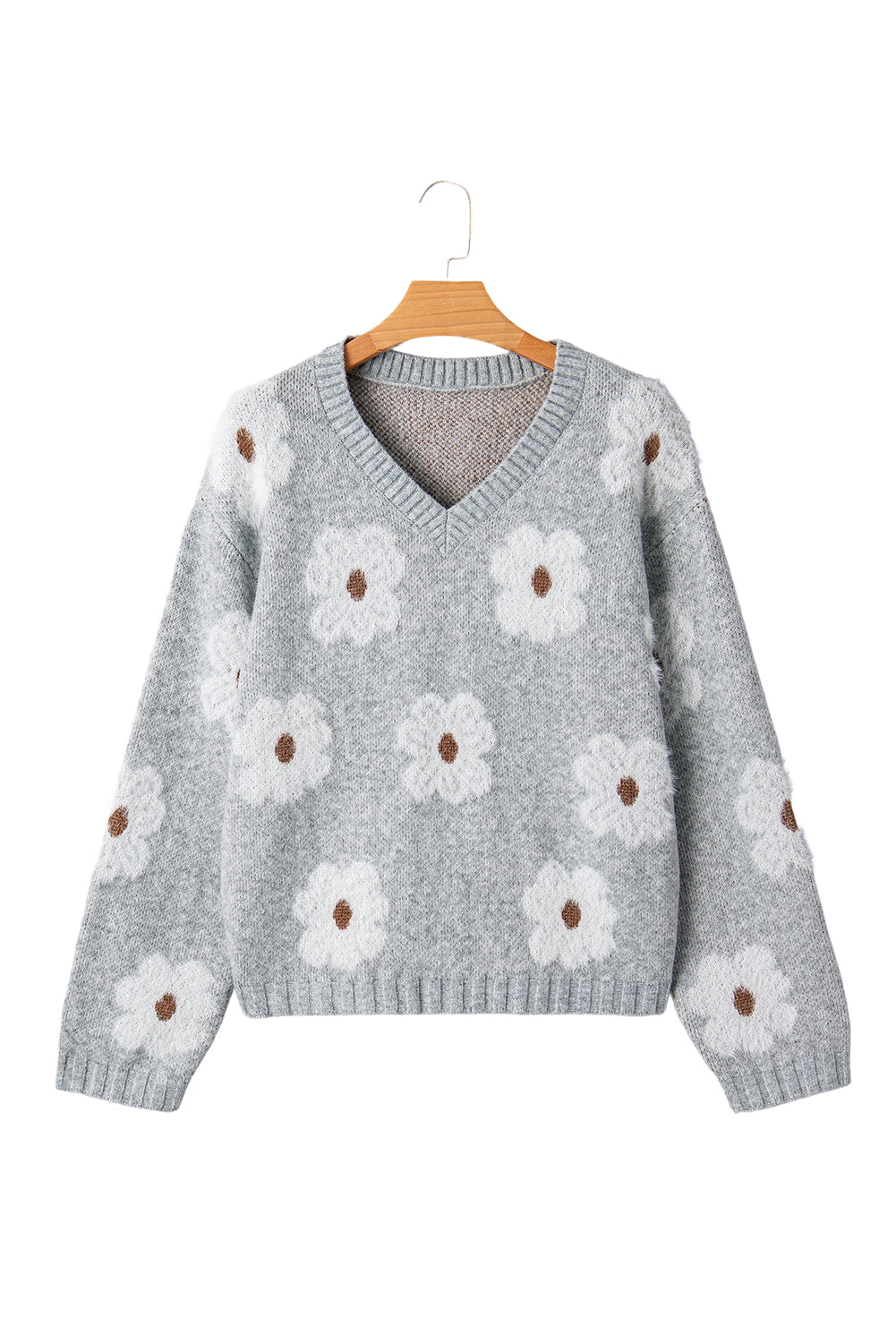 Gray Cute Flower Print V Neck Drop Shoulder Baggy Sweater-TOPS / DRESSES-[Adult]-[Female]-2022 Online Blue Zone Planet