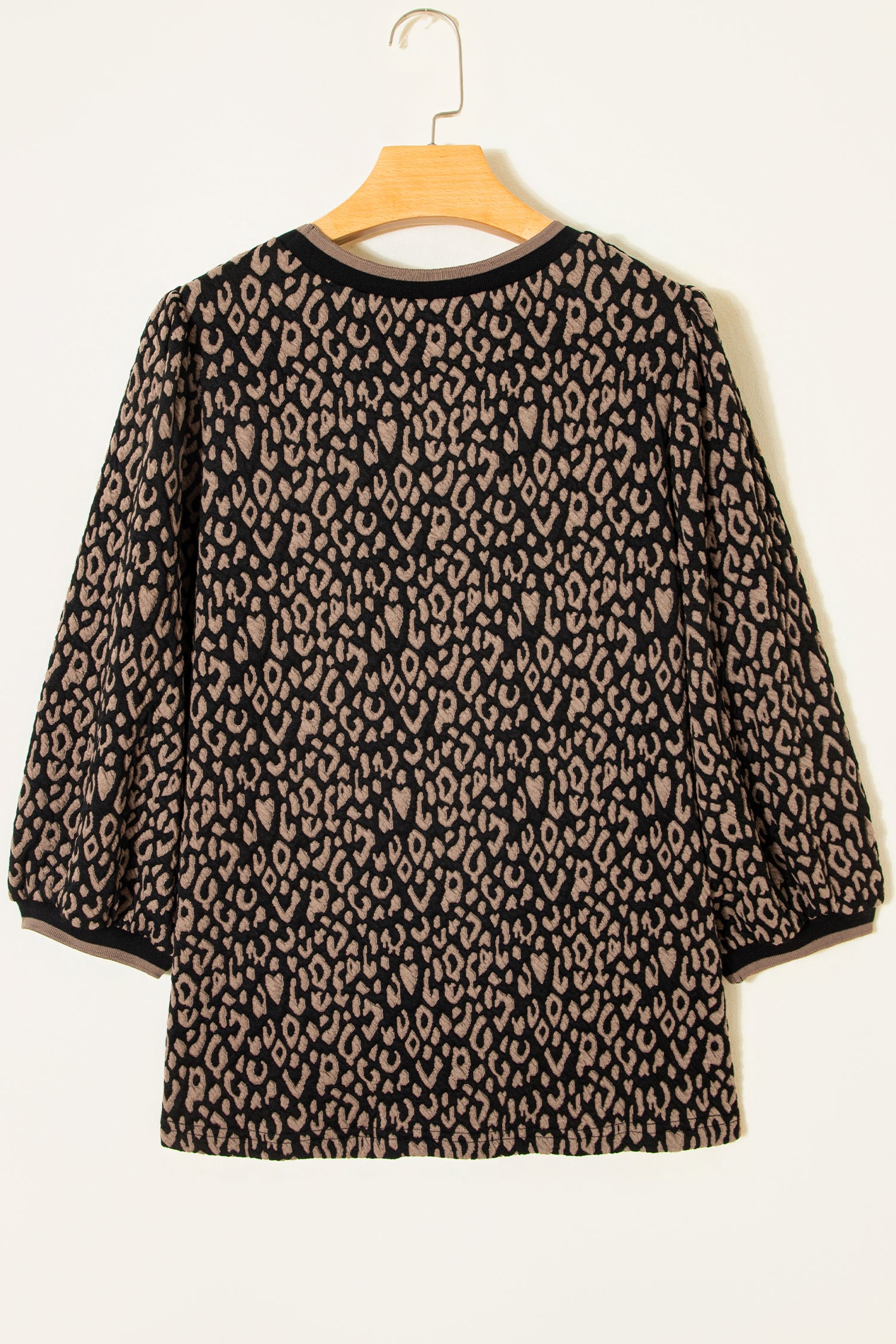 Black Leopard Print Puffy Bracelet Sleeve Contrast Trim Round Neck Top-Bracelet-[Adult]-[Female]-2022 Online Blue Zone Planet