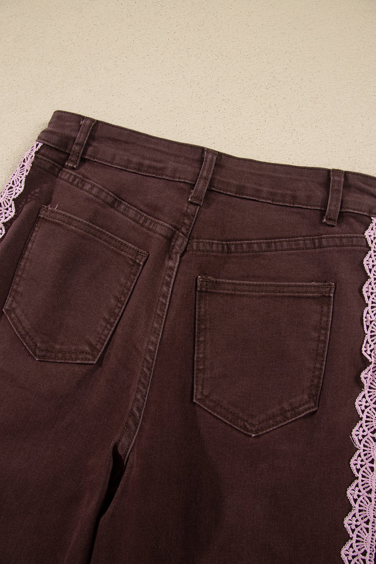 Coffee Lace Trim Casual Full-Length Regular Fit Jeans-Bottoms/Jeans-[Adult]-[Female]-2022 Online Blue Zone Planet