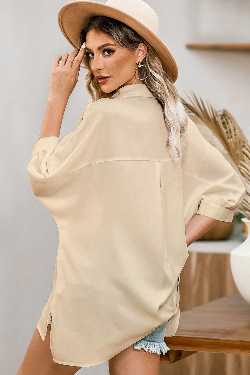 Apricot 3/4 Puff Sleeve Oversize Shirt-Tops/Blouses & Shirts-[Adult]-[Female]-2022 Online Blue Zone Planet