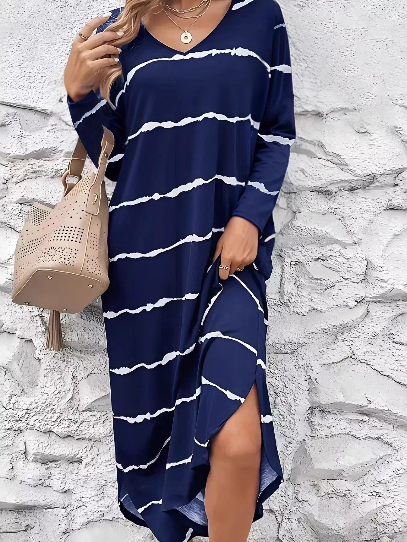 Striped V-Neck Long Sleeve Casual Maxi Dress Navy / 2XL