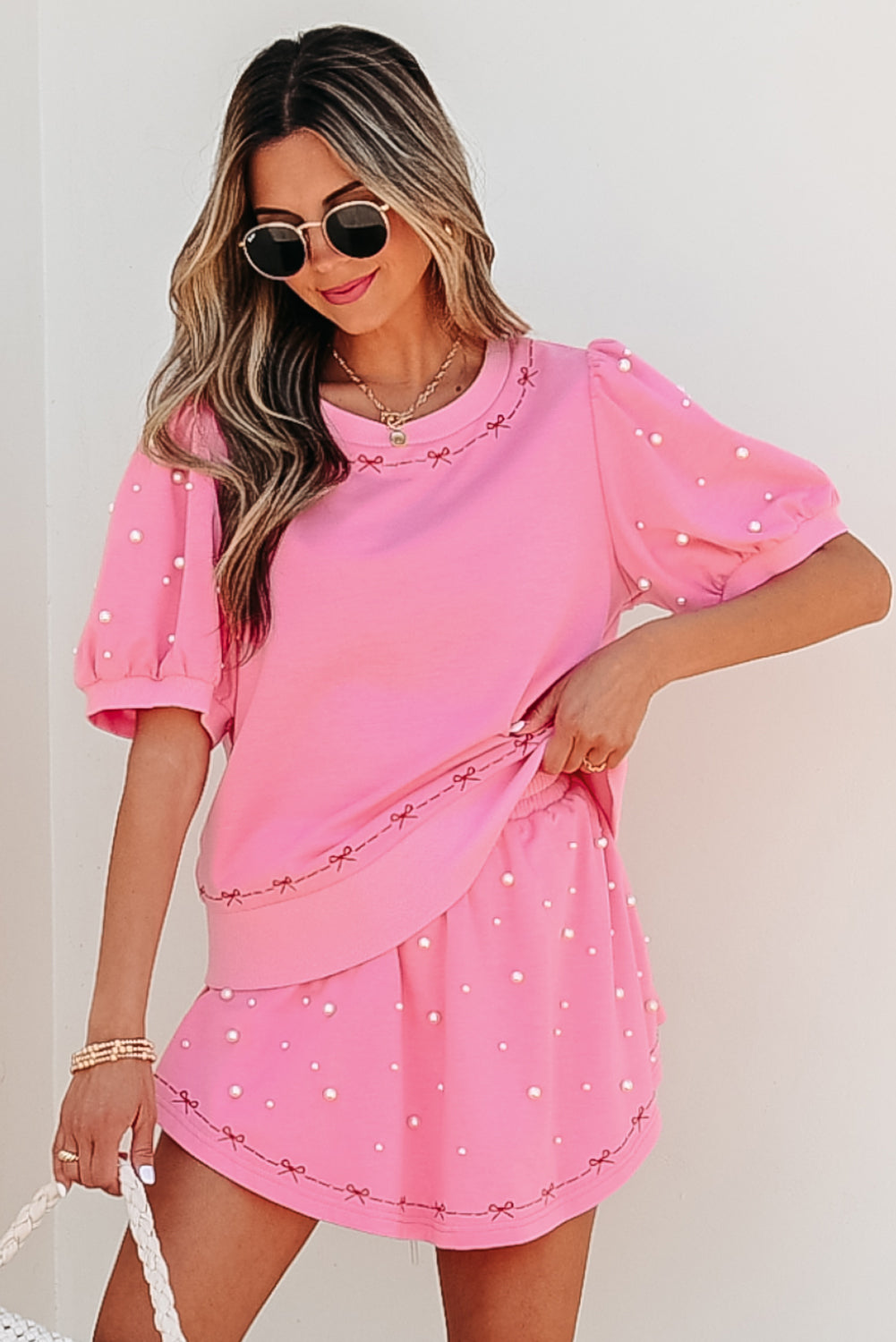 Pink Contrast Bow Trim Pearl Puff Sleeve Blouse and Skort 2pcs Set-Two Piece Sets/Short Sets-[Adult]-[Female]-2022 Online Blue Zone Planet