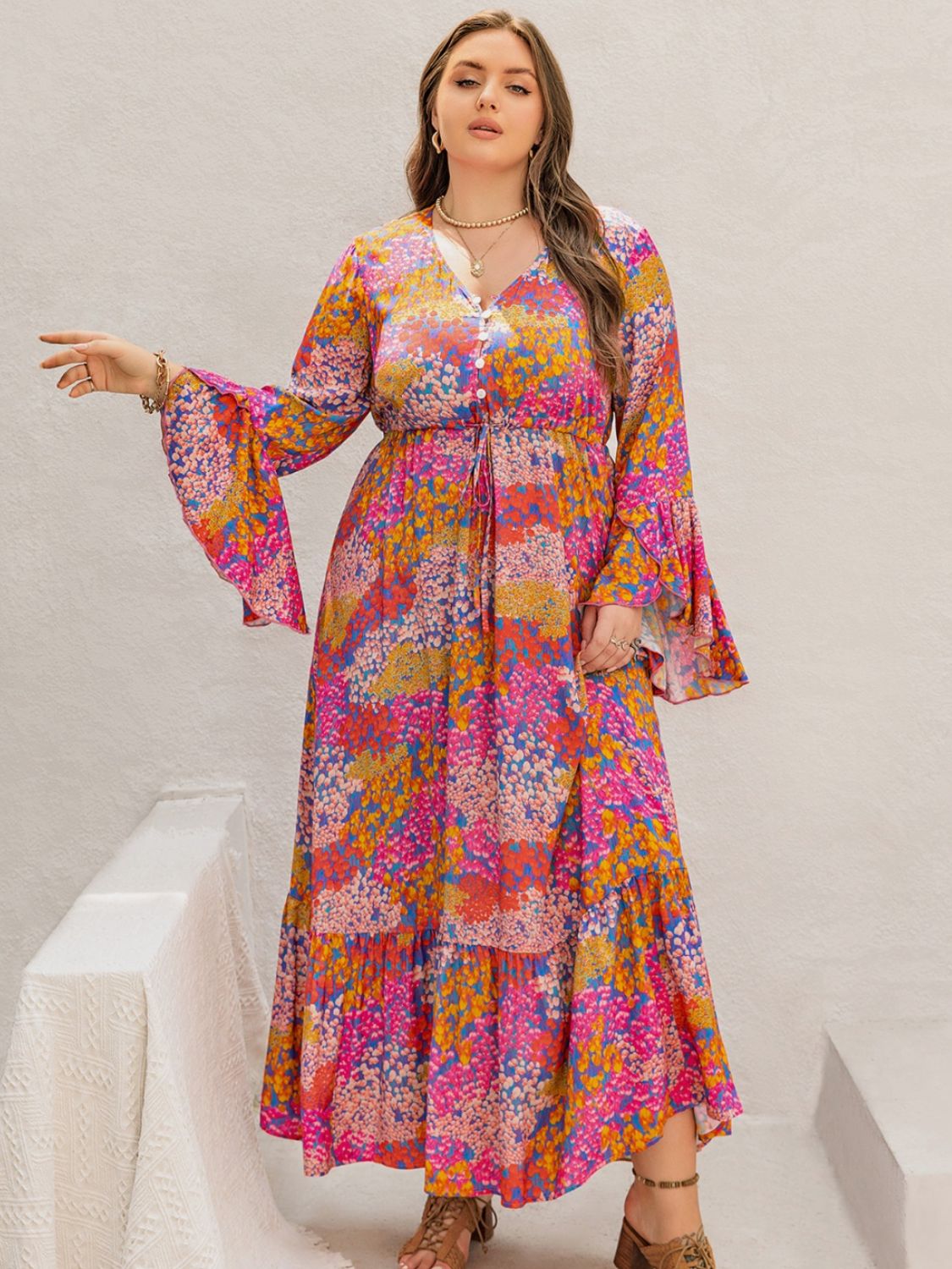 Blue Zone Planet | Plus Size Printed V-Neck Long Sleeve Maxi Dress-TOPS / DRESSES-[Adult]-[Female]-2022 Online Blue Zone Planet