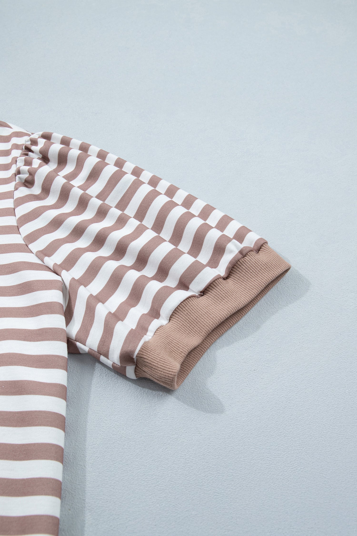 Orange Stripe Ribbed Trim Round Neck Short Puff Sleeve Plus T Shirt-Plus Size/Plus Size Tops-[Adult]-[Female]-2022 Online Blue Zone Planet