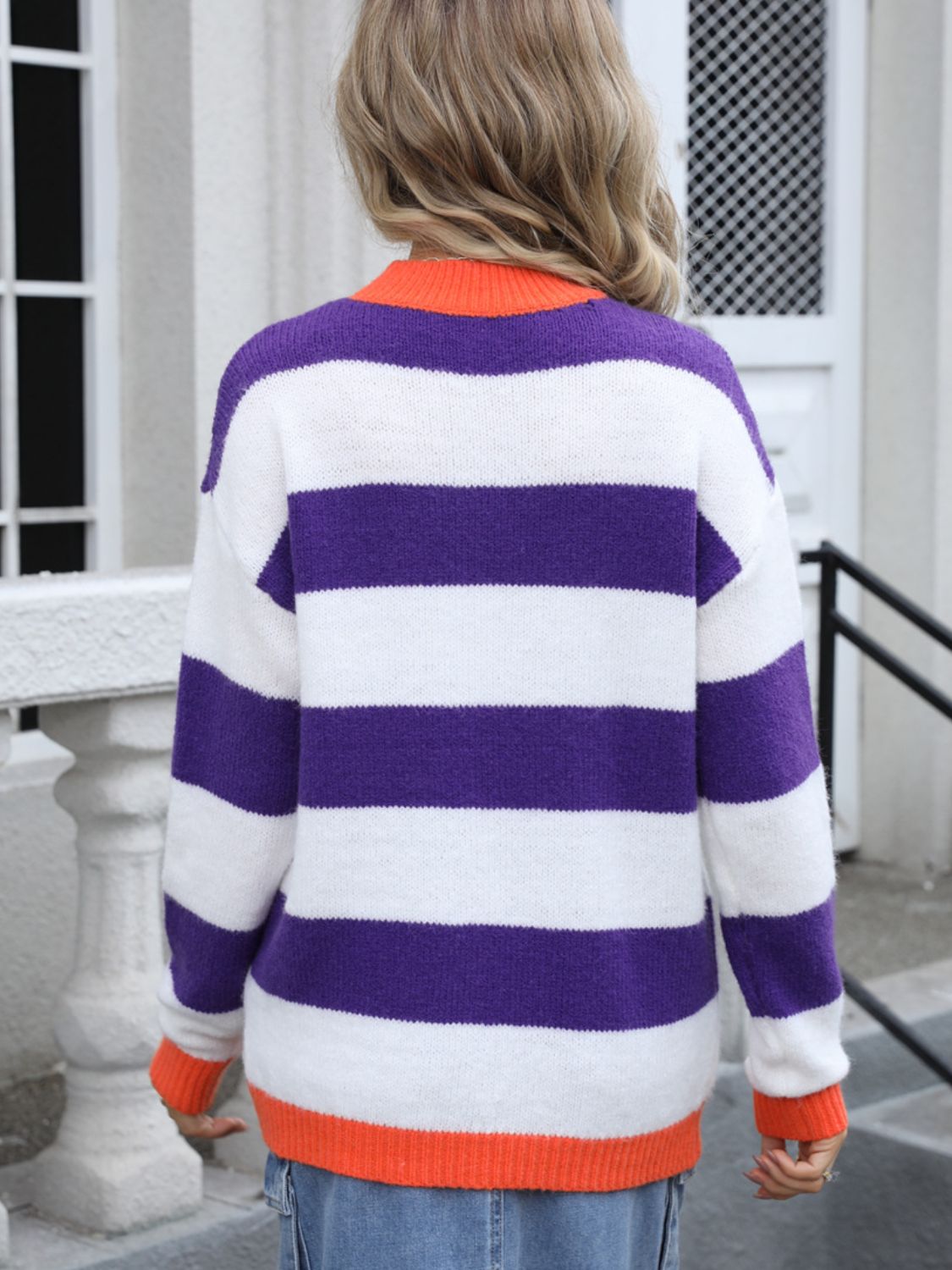 Contrast Striped Round Neck Sweater-TOPS / DRESSES-[Adult]-[Female]-2022 Online Blue Zone Planet