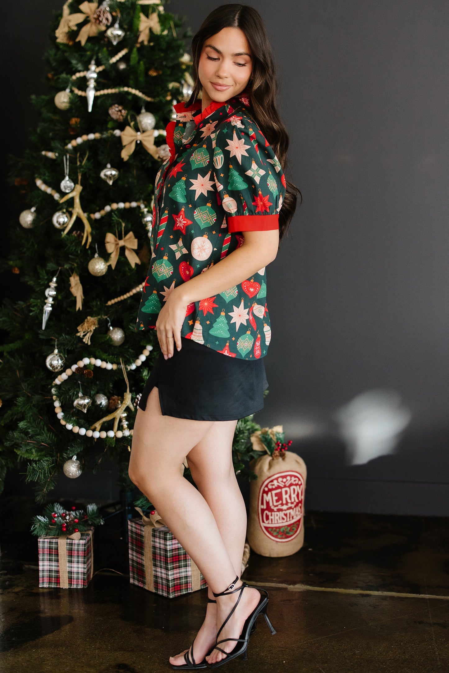 Green Christmas Fashion Print Contrast Trim Frilled Neck Short Sleeve Blouse-Tops/Blouses & Shirts-[Adult]-[Female]-2022 Online Blue Zone Planet