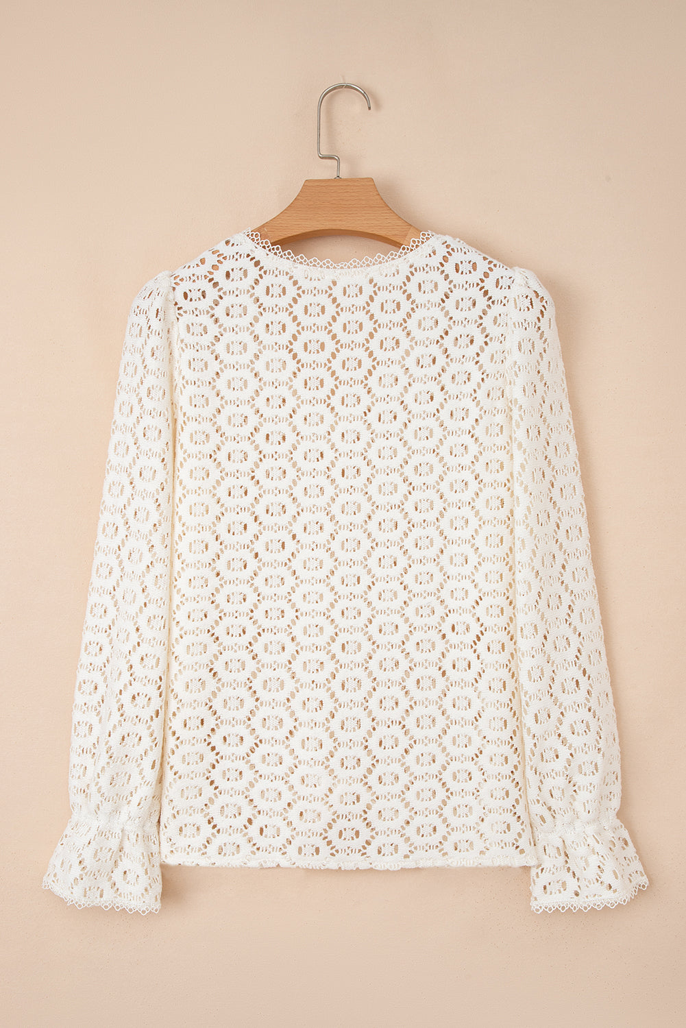 Beige Flower Lace V Neck Ruffled Sleeve Top-Tops/Blouses & Shirts-[Adult]-[Female]-2022 Online Blue Zone Planet