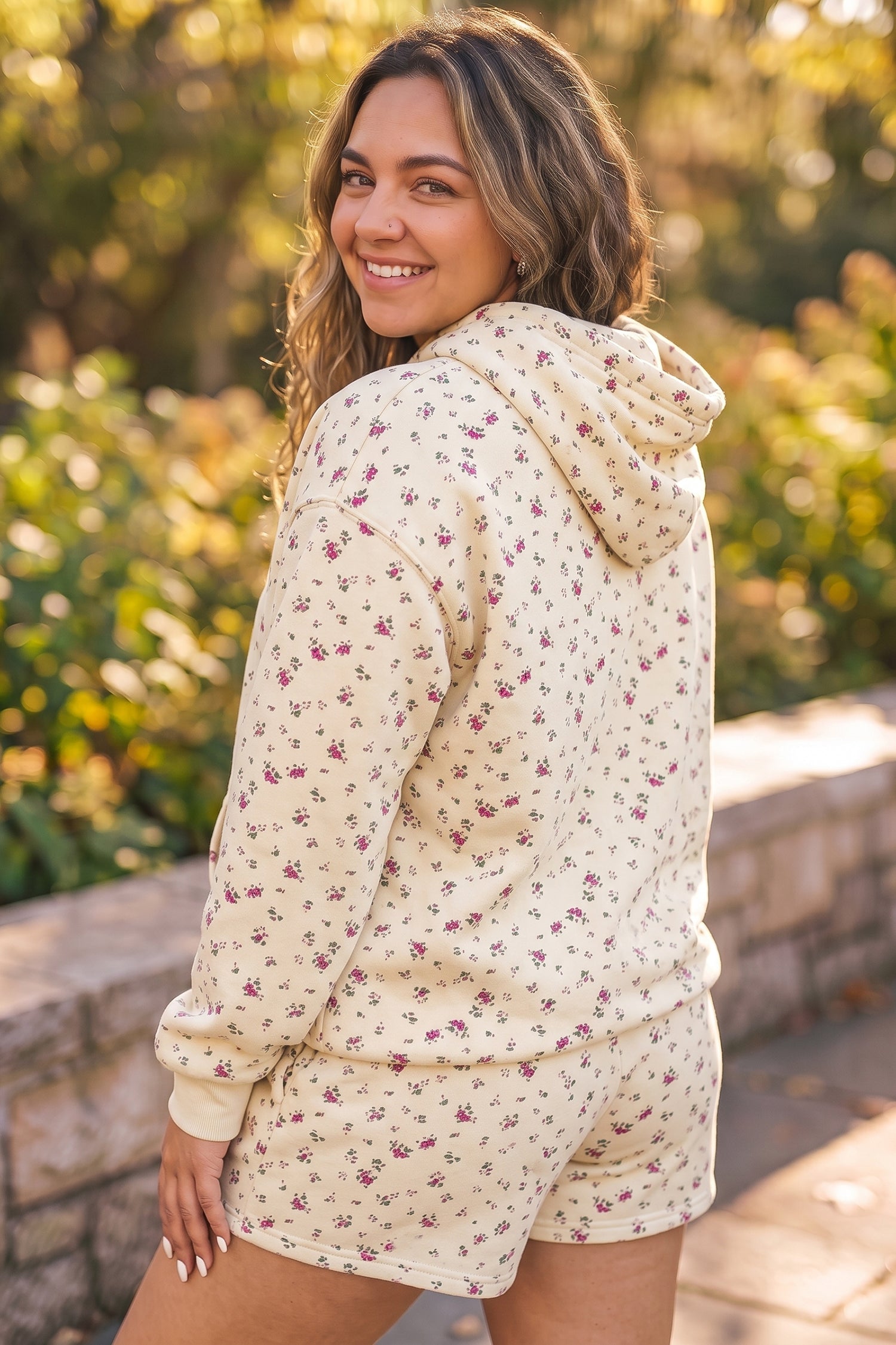 Beige Floral Print Hooded Long Sleeve Plus Size Set-Tops / Dresses-[Adult]-[Female]-2022 Online Blue Zone Planet