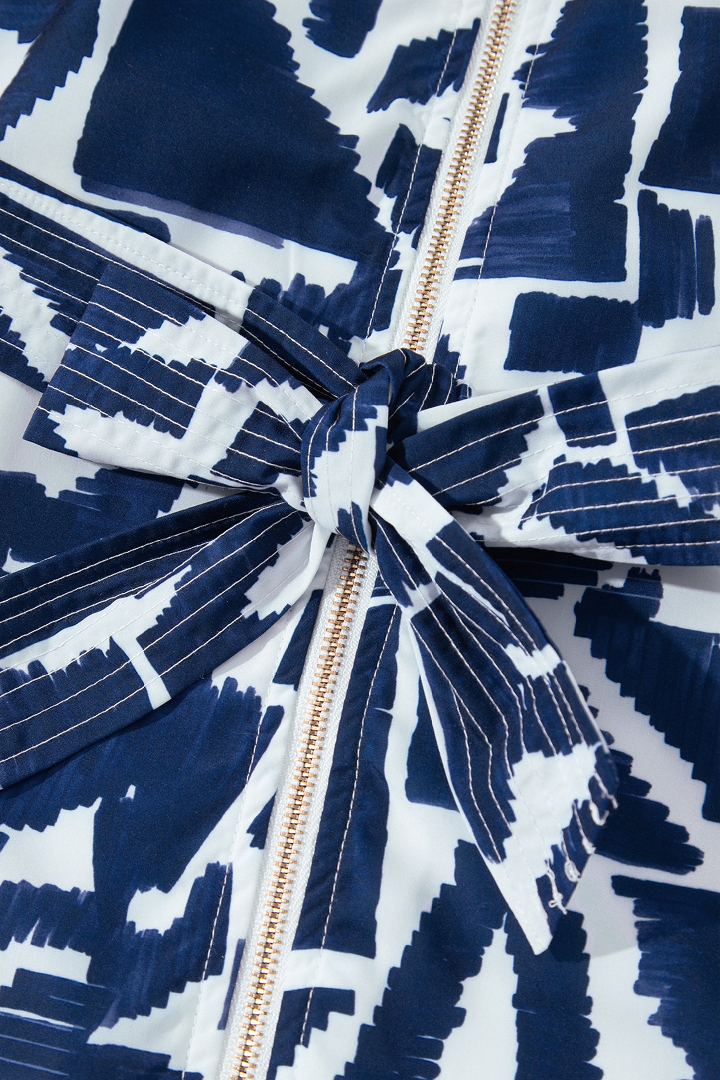 Blue Abstract Geometric Print Zip Front Tie Waist Shift Dress-TOPS / DRESSES-[Adult]-[Female]-2022 Online Blue Zone Planet