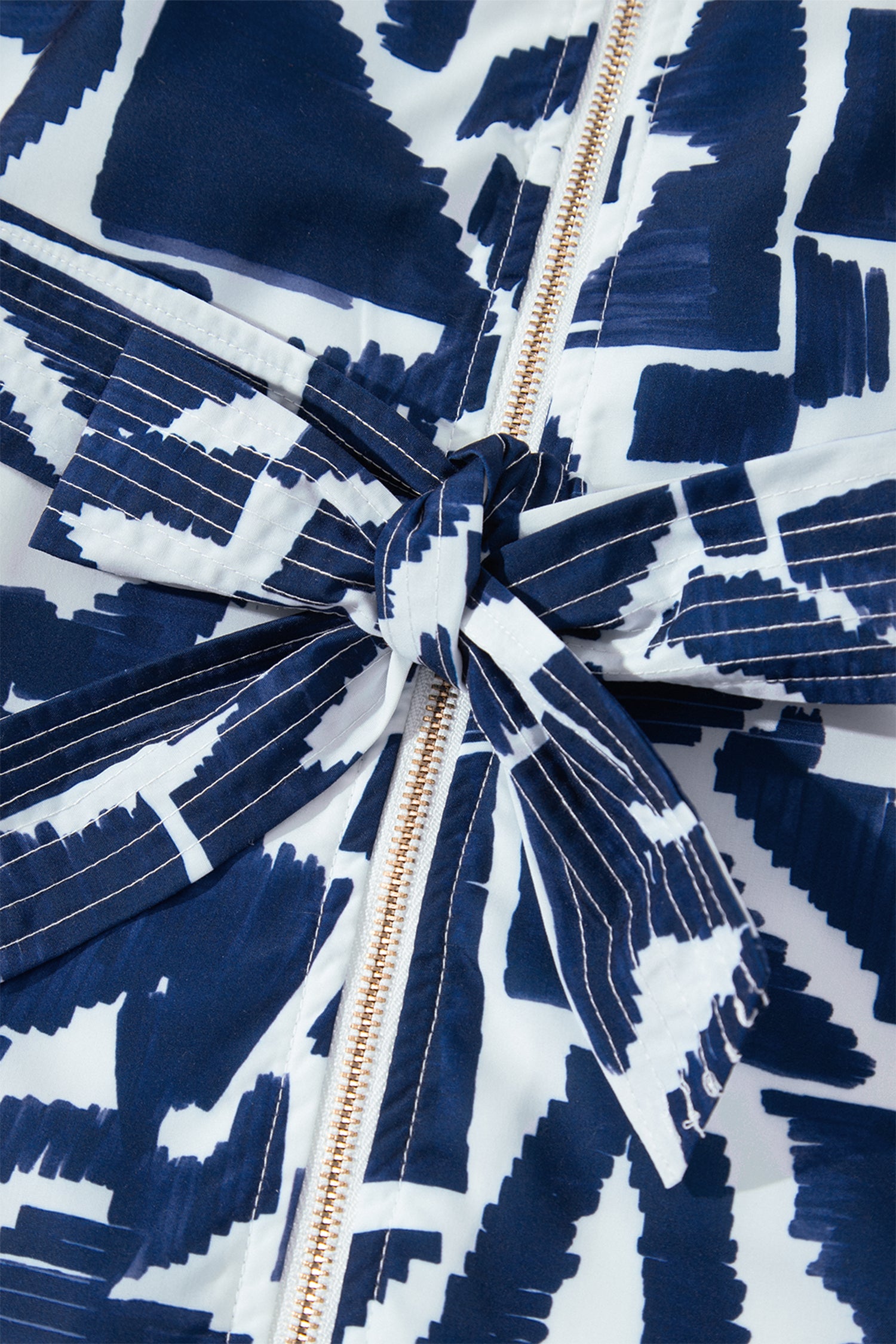 Blue Abstract Geometric Print Zip Front Tie Waist Shift Dress-TOPS / DRESSES-[Adult]-[Female]-2022 Online Blue Zone Planet