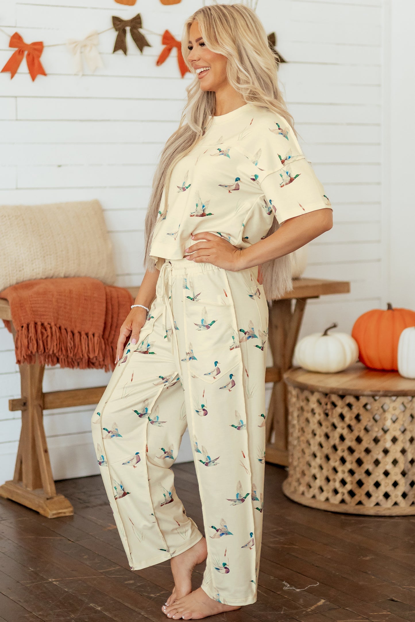 Beige Duck Print Short Sleeve Top Pocket Pants 2pcs Casual Set-Two Piece Sets/Pant Sets-[Adult]-[Female]-2022 Online Blue Zone Planet