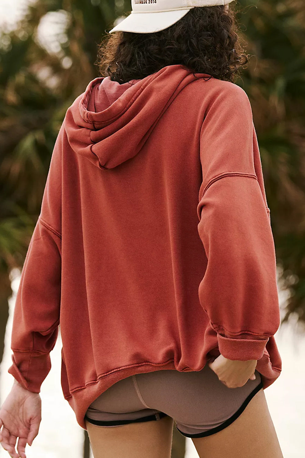 Red Clay Drop Shoulder Pocketed Baggy Drawstring Hoodie-Tops/Sweatshirts & Hoodies-[Adult]-[Female]-2022 Online Blue Zone Planet