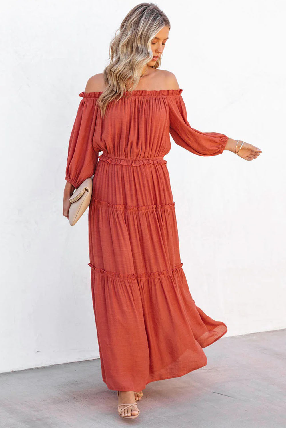 Blue Zone Planet | Orange Off Shoulder Balloon Sleeve Cutout Ruffled Maxi Dress-TOPS / DRESSES-[Adult]-[Female]-2022 Online Blue Zone Planet