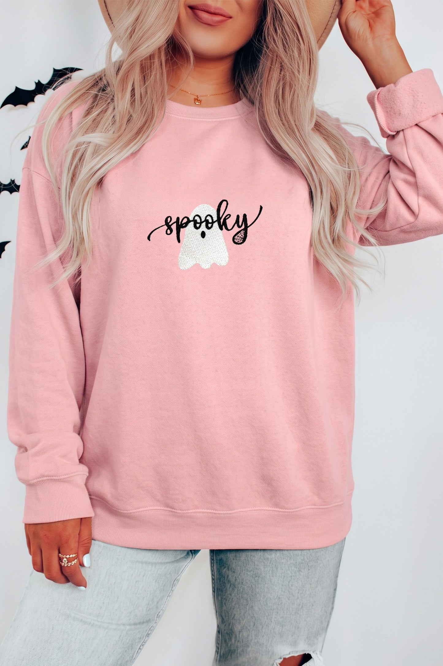 Pink Embroidered Ghost Halloween Graphic Sweatshirt-Graphic/Graphic Sweatshirts-[Adult]-[Female]-2022 Online Blue Zone Planet