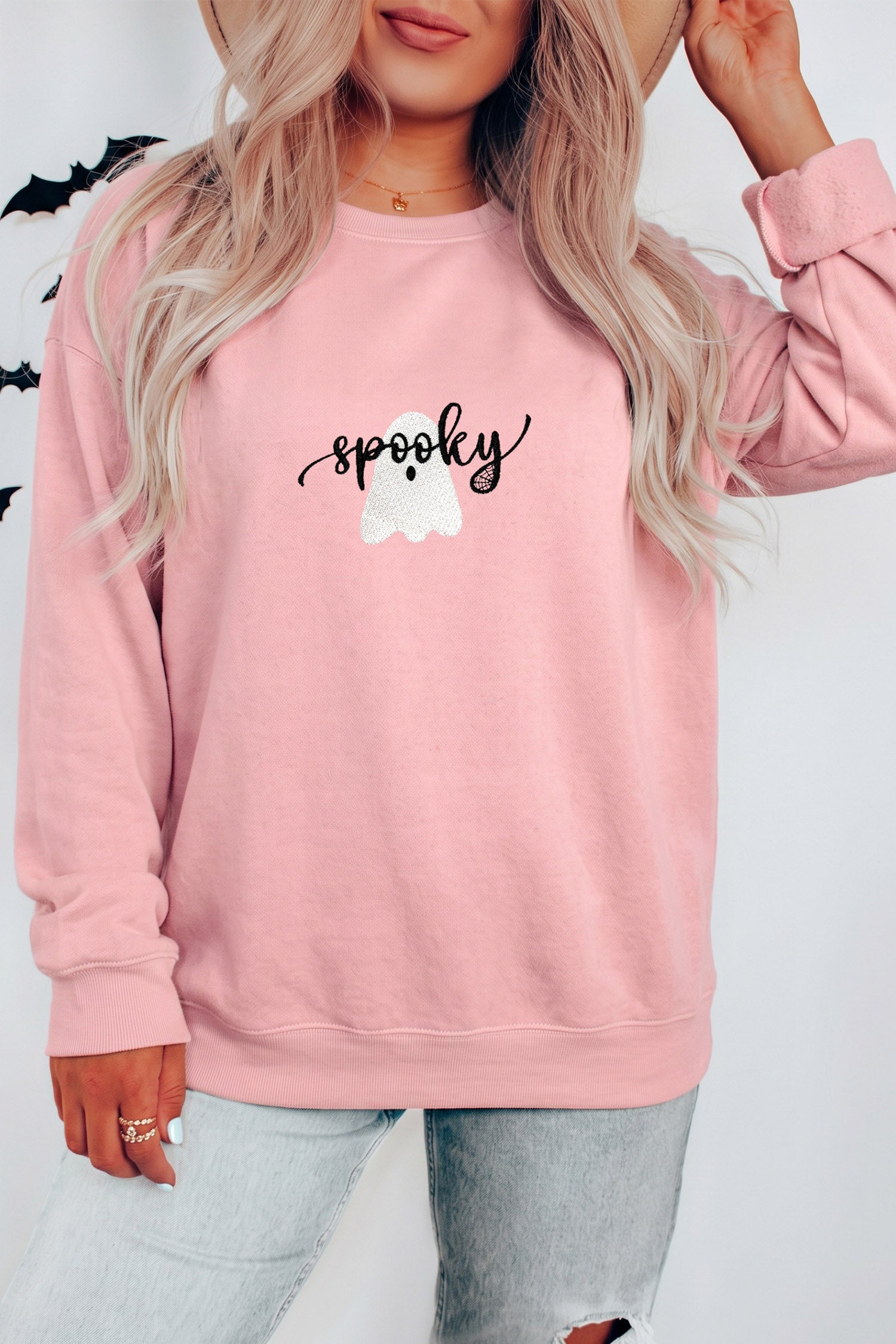 Pink Embroidered Ghost Halloween Graphic Sweatshirt-Graphic/Graphic Sweatshirts-[Adult]-[Female]-2022 Online Blue Zone Planet