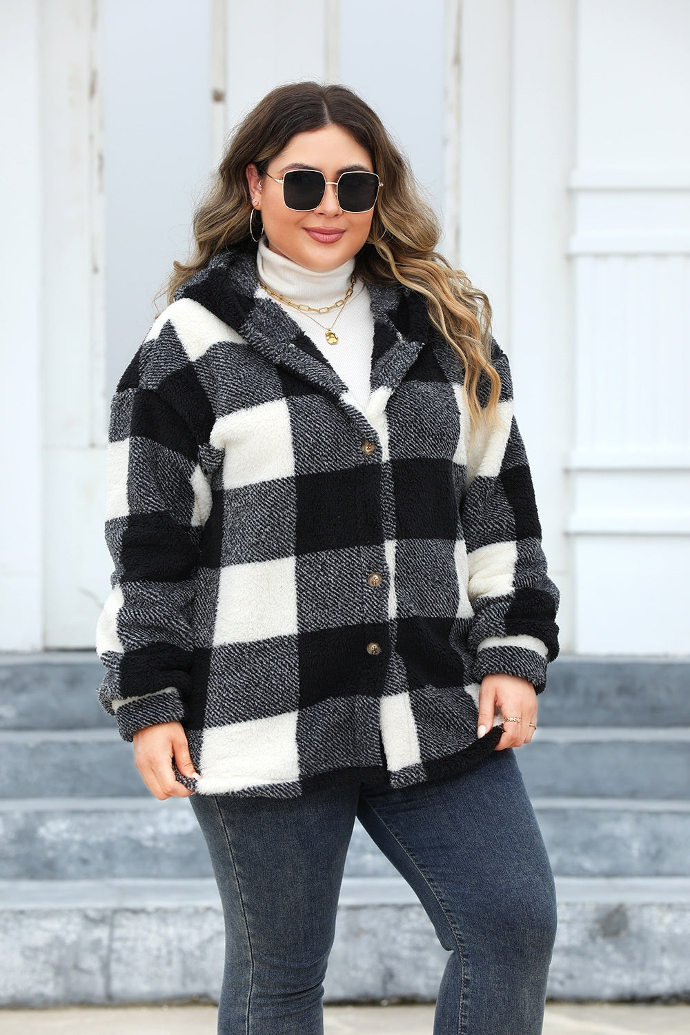 Plus Size Plaid Button Up Hooded Jacket-TOPS / DRESSES-[Adult]-[Female]-2022 Online Blue Zone Planet