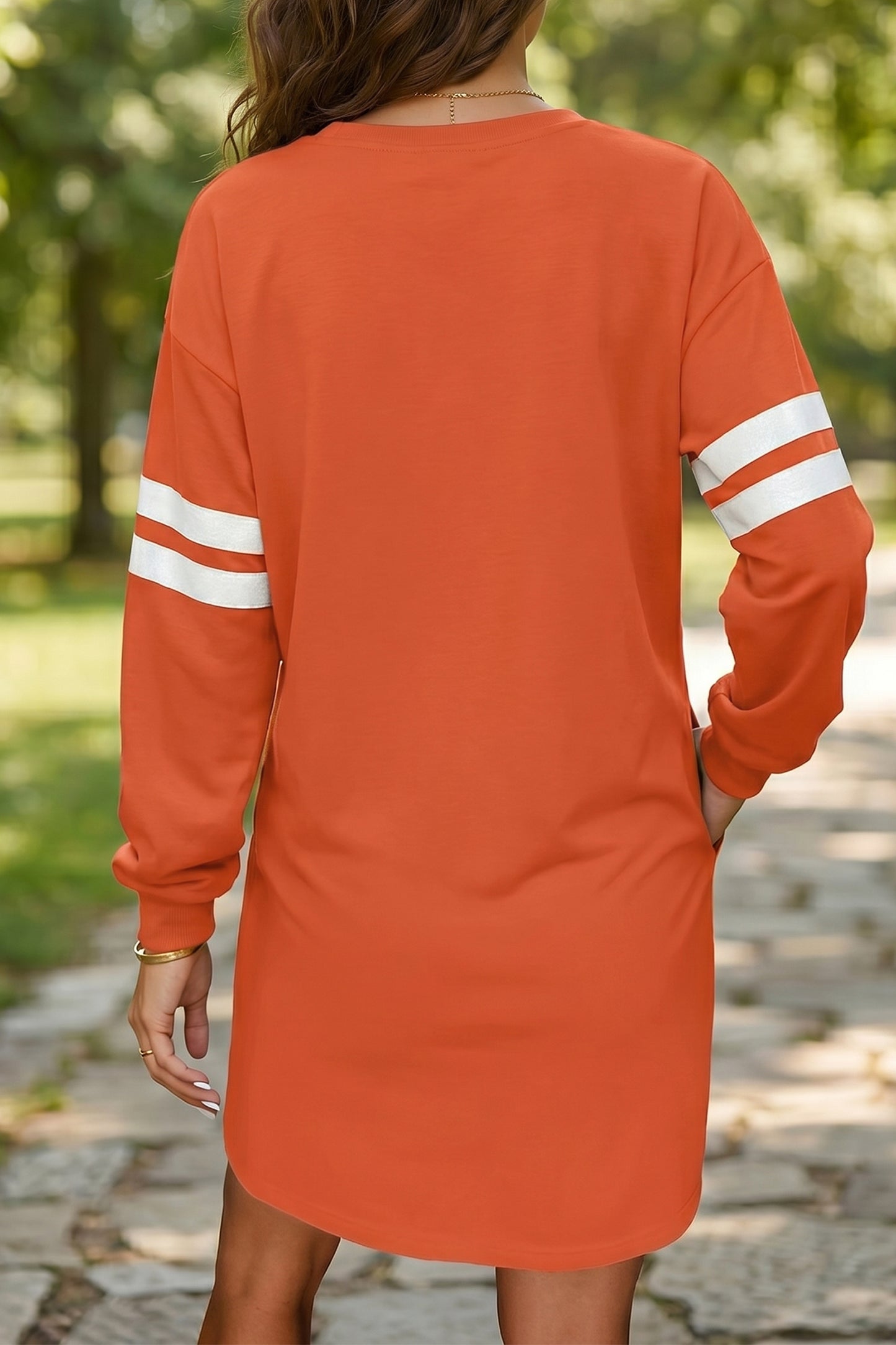 Orange Varsity Contrast Banded Sleeve Shift Sweatshirt Dress-TOPS / DRESSES-[Adult]-[Female]-2022 Online Blue Zone Planet