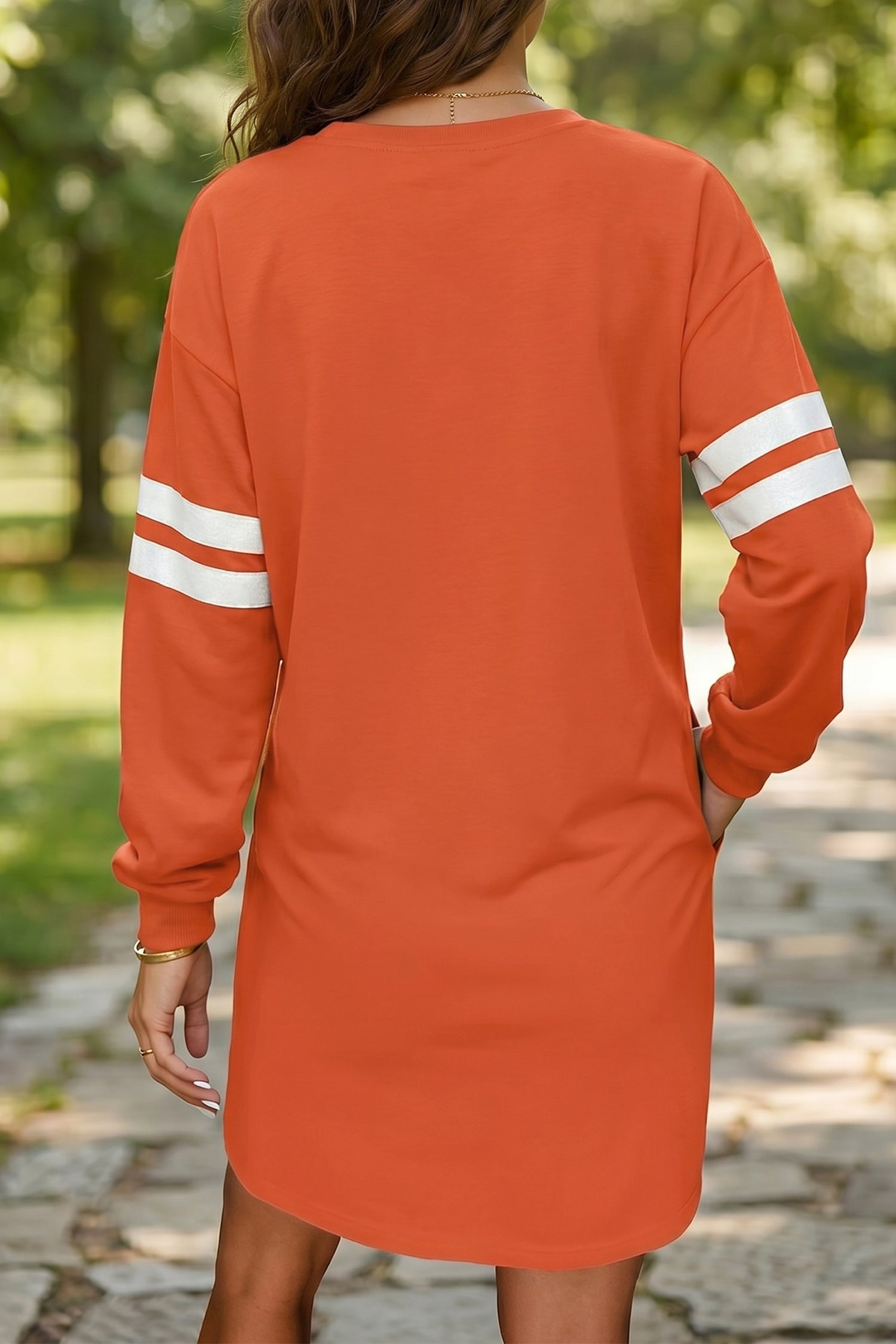 Orange Varsity Contrast Banded Sleeve Shift Sweatshirt Dress-TOPS / DRESSES-[Adult]-[Female]-2022 Online Blue Zone Planet