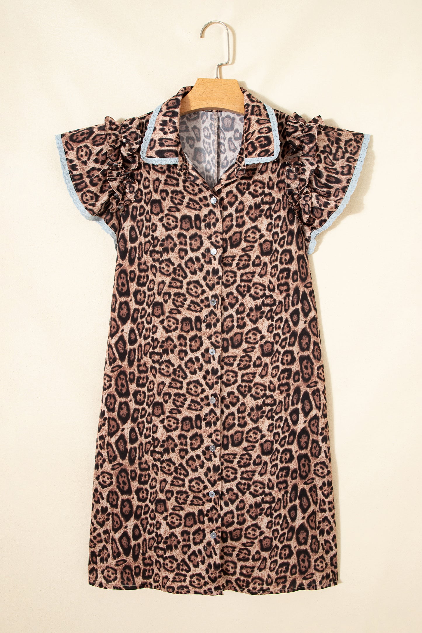 Khaki Leopard Print Lace Trim Shirt Collar Button Down Loose Mini Dress-Dresses/Mini Dresses-[Adult]-[Female]-2022 Online Blue Zone Planet