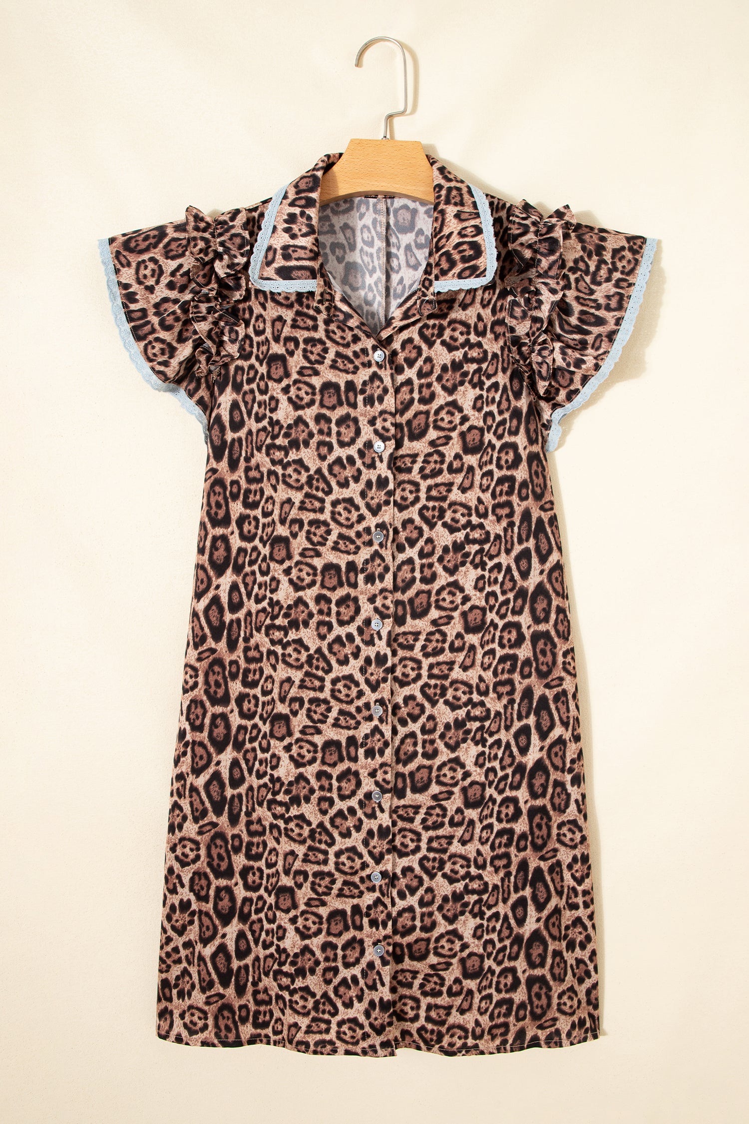 Khaki Leopard Print Lace Trim Shirt Collar Button Down Loose Mini Dress-Dresses/Mini Dresses-[Adult]-[Female]-2022 Online Blue Zone Planet
