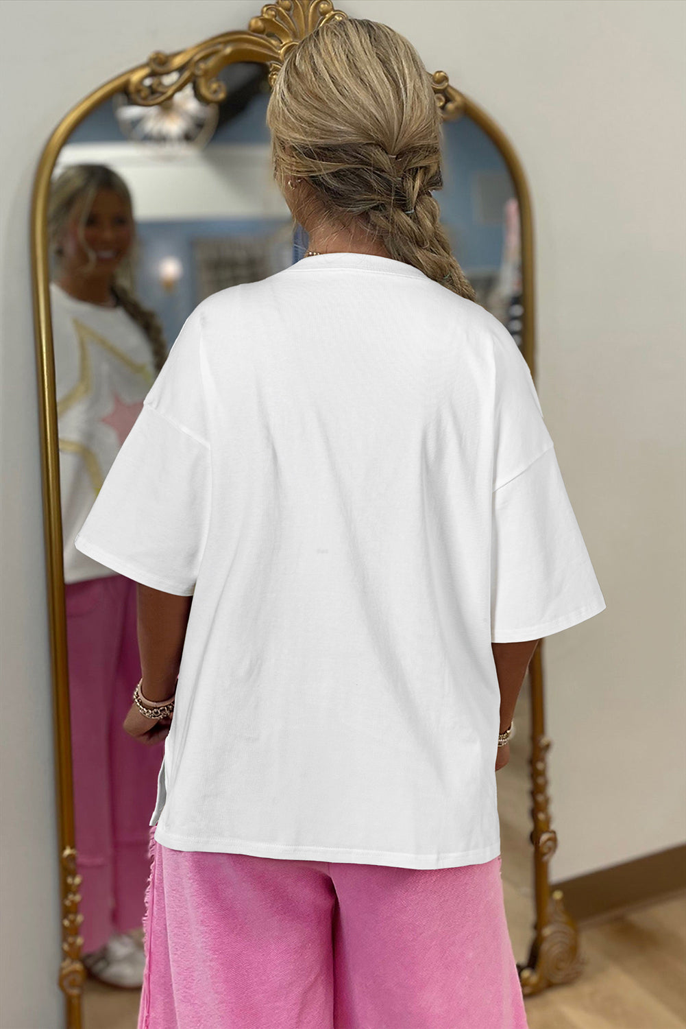 White Star Layered Patched Graphic Drop Shoulder Half Sleeve Loose Tee-Tops/Tops & Tees-[Adult]-[Female]-2022 Online Blue Zone Planet