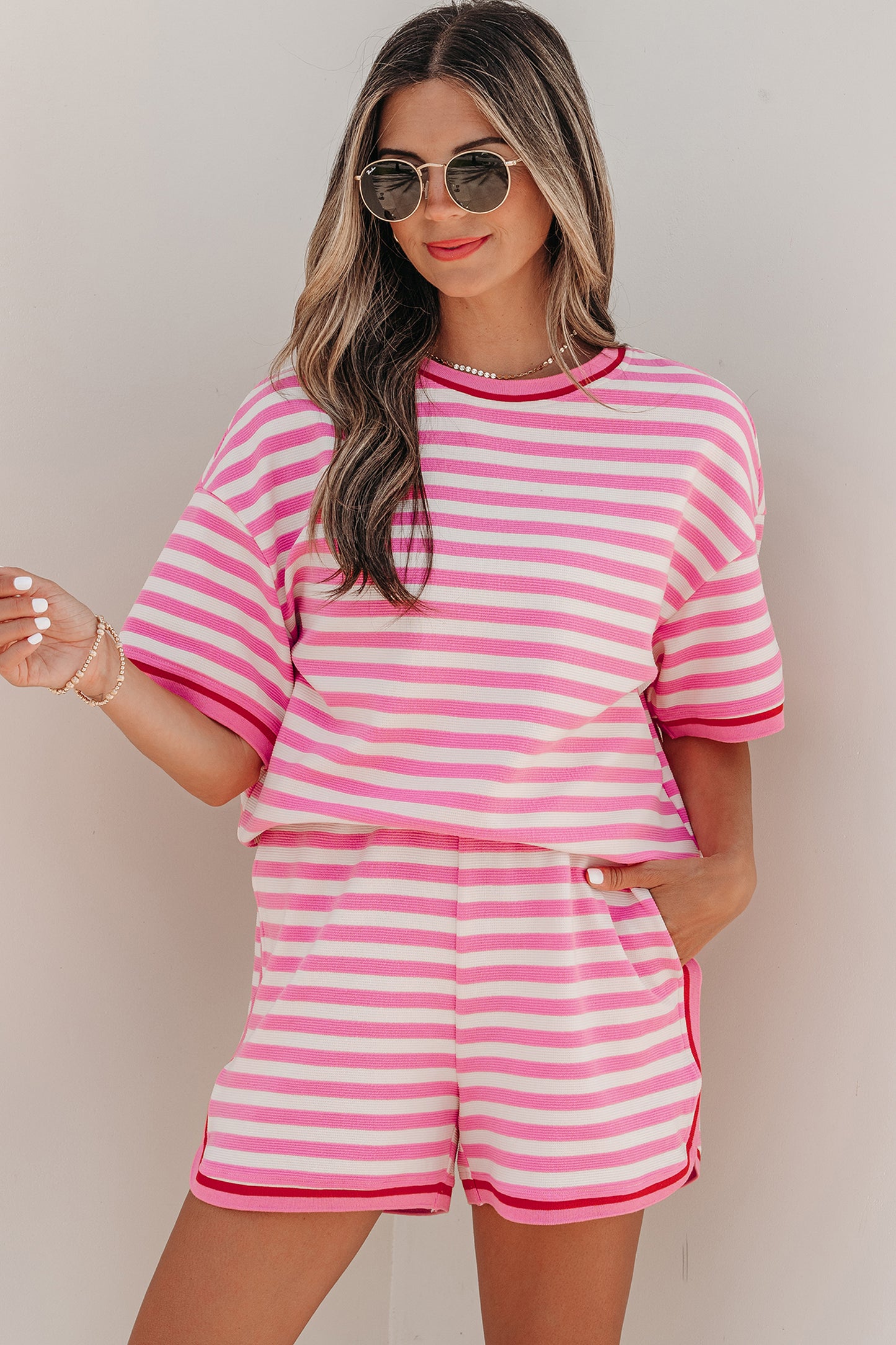 Pink Stripe Contrast Trim Short Sleeve Top Loose Shorts 2pcs Casual Outfit-Two Piece Sets/Short Sets-[Adult]-[Female]-2022 Online Blue Zone Planet