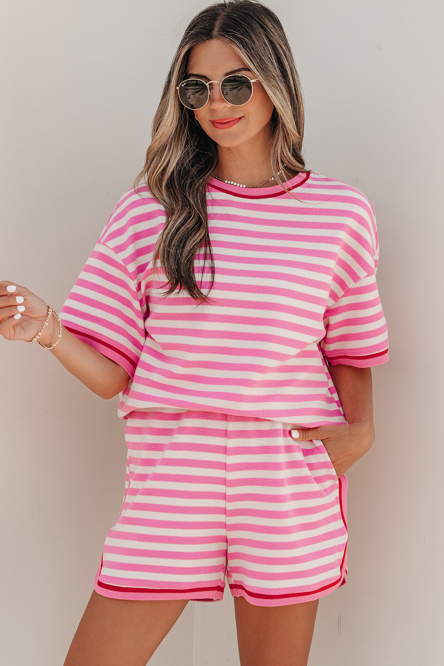 Pink Stripe Contrast Trim Short Sleeve Top Loose Shorts 2pcs Casual Outfit-Two Piece Sets/Short Sets-[Adult]-[Female]-2022 Online Blue Zone Planet