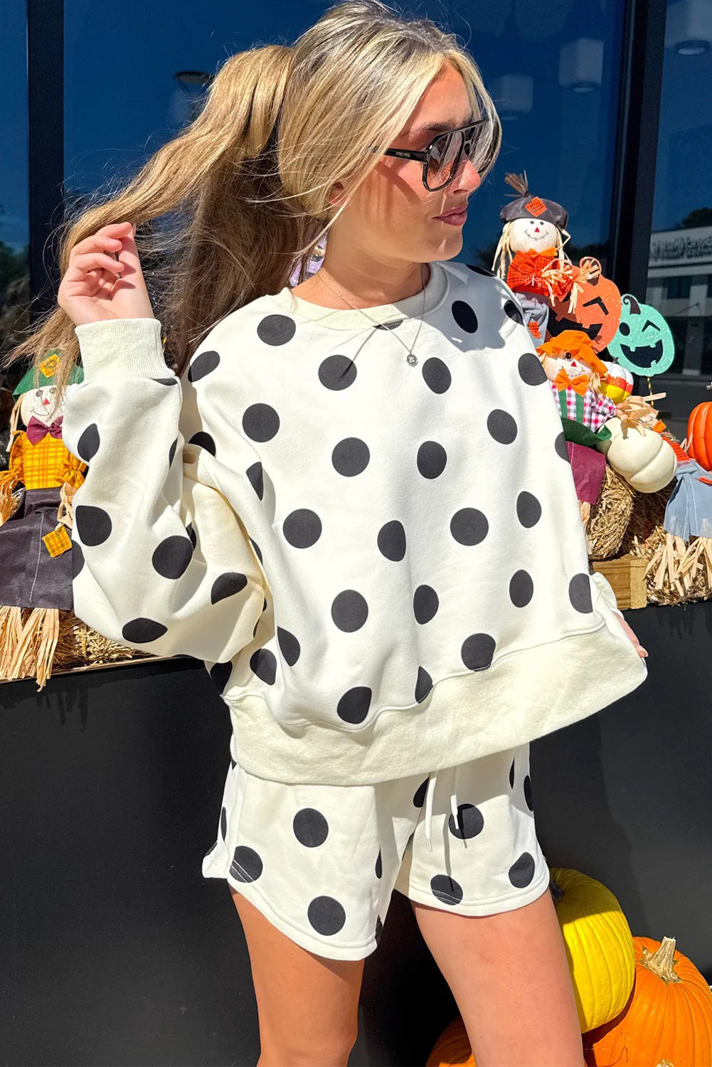 Sky Blue Polka Dot Print Drop Shoulder Pullover Drawstring Shorts Set-Two Piece Sets/Short Sets-[Adult]-[Female]-2022 Online Blue Zone Planet