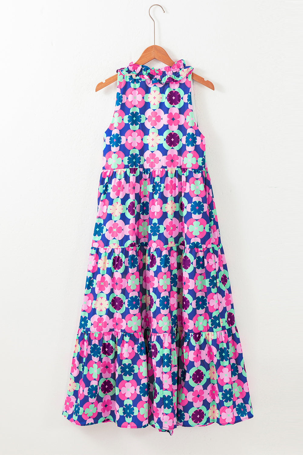 Blue Floral Print Frilly Neck Sleeveless Tiered Maxi Dress-Dresses/Maxi Dresses-[Adult]-[Female]-2022 Online Blue Zone Planet